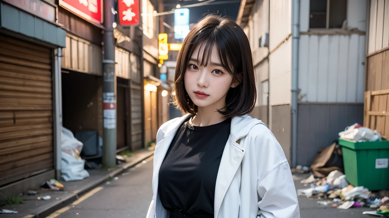 18-year-old,Korean women,((((Standing in front of a wall)))),(((Dirty neon street at night))),(((Facing forward))),(((Frowning,カメラをGlaring))),(Very fine eye),((I can't see my stomach)), (((Wearing a long black down jacket,Wearing baggy pants))),(((Collapsing Building))),(((old buildings))),((photograph)),((A woman near a garbage dump)),(((Fabric Shading))), (((highest quality))), (((masterpiece))) strong girl, ((((Realistic)))), I have a card,Black Hair, chic hairstyle, ((With bangs,Straight medium bob cut, nice hair)), Light makeup,Red eyes, (((I'm not wearing lipstick))), (nice, strong), (((Strong night atmosphere))), Centered Images, Looking at the camera, Realistic Skin,Realistic texture,8k,whole body,Pale skin, (((Dirty garbage dump))),A huge amount of trash,Red iris,Expressionless,Glaring,Perfect Face,(((Big eyes))),Wide black baggy pants,Mouth closed, portrait of aespaのウィンター,She is wearing black streetwear, Woman in black streetwear, 黒いハイテクな服を着た女性のphotograph, Girl wearing black hoodie, Cyberpunk Streetwear, Cyberpunk Streetwear street fashion e-girl,