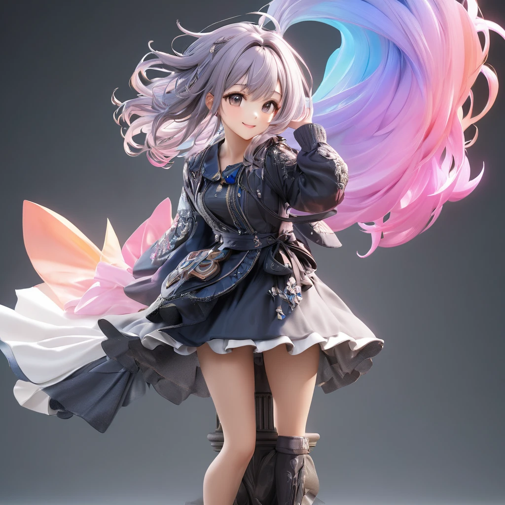 3D figure, (head-to-body-ratio-is-three), (masterpiece:1.2), (best quality),(ultra detailed),(extremely detailed),(absolutely resolution) ,absurdres,8k,
BREAK, (big-head:1.3), a photo of an figure, highres.fix, full body, high quality photo, wild and bautiful 1girl, simple and flat background,
BREAK, 1girl, solo, gradation hair, messy hair, blowing kiss, smile, standing-on-pedestal,