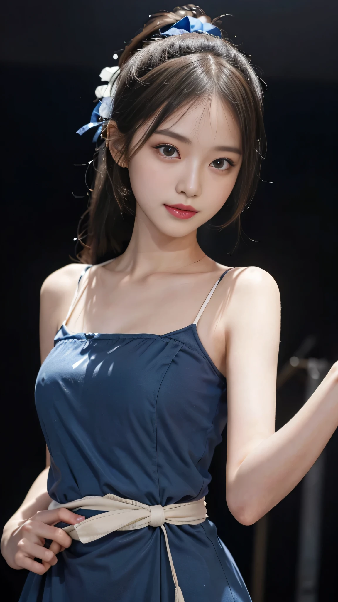 Close up face,standing on stage,Blue colored long dress with lots of ruffles,One woman,masutepiece, The highest image quality, High quality, the background is clear,Beautiful woman, Japanese, Detailed, Detailed eyes, Detailed skin, Beautiful skin, 超hight resolution, (reality: 1.4),Very beautiful woman, Slightly younger face, Beautiful skin, slender, (Ultra photo realsisim), (hight resolution), (8K), (Very detailed) (beautifully detailed eyes), (super detailed), (Detailed face), view the viewer, Fine details, Detailed face, Staring straight ahead, Staring straight ahead, photos realistic, Bright lighting, Professional Lighting, Black hair,poneyTail,a baby face,fifteen years old,Hairstyle: ponytail,Long ponytail hairstyle,slight smile,neat and tidy clothing,Beautiful Japanese KPOP idol photo, hair style is ponytail, my eyes are double and wide, baby face, smile and look straight ahead, slender, small breasts,Blue ribbon on head,Close up face,