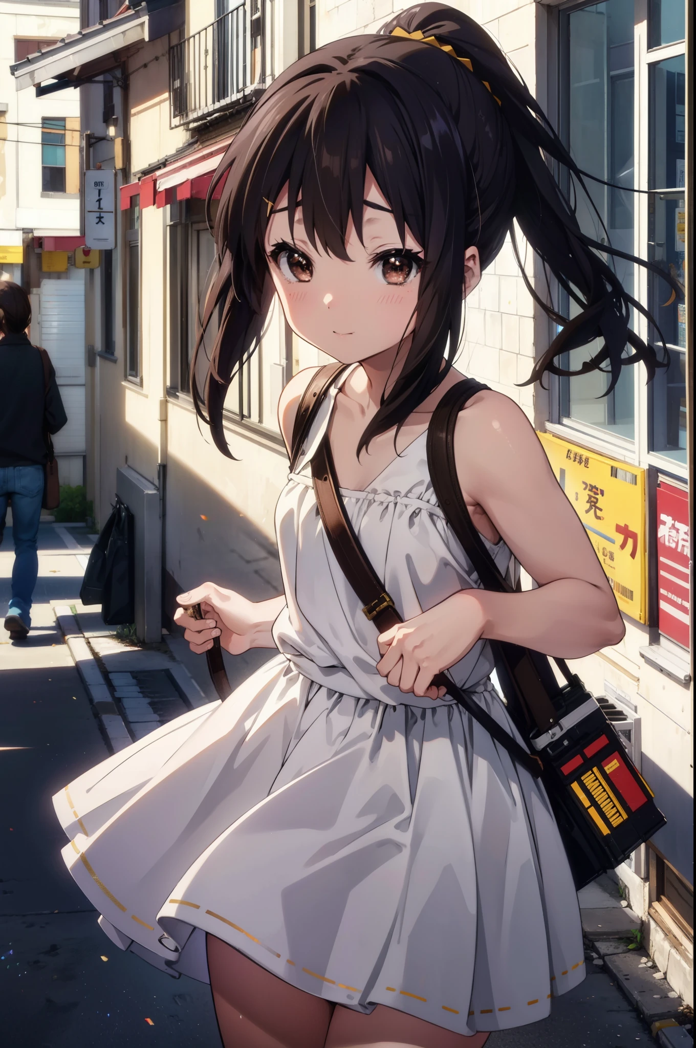 azusanakano, Azusa Nakano, Black Hair, (Brown eyes:1.5), Long Hair, smile,blush,ponytail,Short braided hair,yellow headband ,Long skirt integrated dress,Bare neck,bare clavicle,Bare shoulders,Cute Sandals,Daytime,Clear skies、
break indoors, In town,Building district,City Street,
break looking at viewer, (Cowboy Shot:1.5),
break (masterpiece:1.2), highest quality, High resolution, unity 8k wallpaper, (figure:0.8), (Beautiful fine details:1.6), Highly detailed face, Perfect lighting, Highly detailed CG, (Perfect hands, Perfect Anatomy),