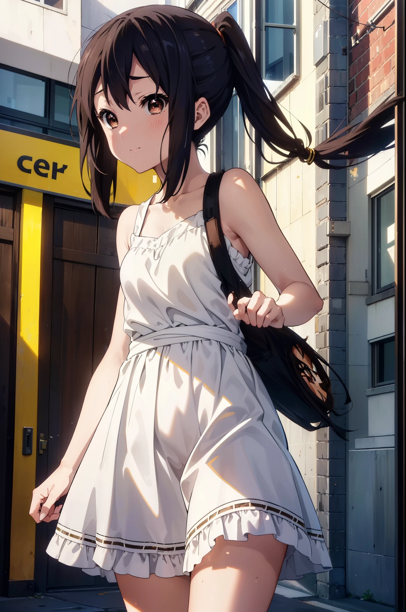 azusanakano, Azusa Nakano, Black Hair, (Brown eyes:1.5), Long Hair, smile,blush,ponytail,Short braided hair,yellow headband ,Long skirt integrated dress,Bare neck,bare clavicle,Bare shoulders,Cute Sandals,Daytime,Clear skies、
break indoors, In town,Building district,City Street,
break looking at viewer, (Cowboy Shot:1.5),
break (masterpiece:1.2), highest quality, High resolution, unity 8k wallpaper, (figure:0.8), (Beautiful fine details:1.6), Highly detailed face, Perfect lighting, Highly detailed CG, (Perfect hands, Perfect Anatomy),