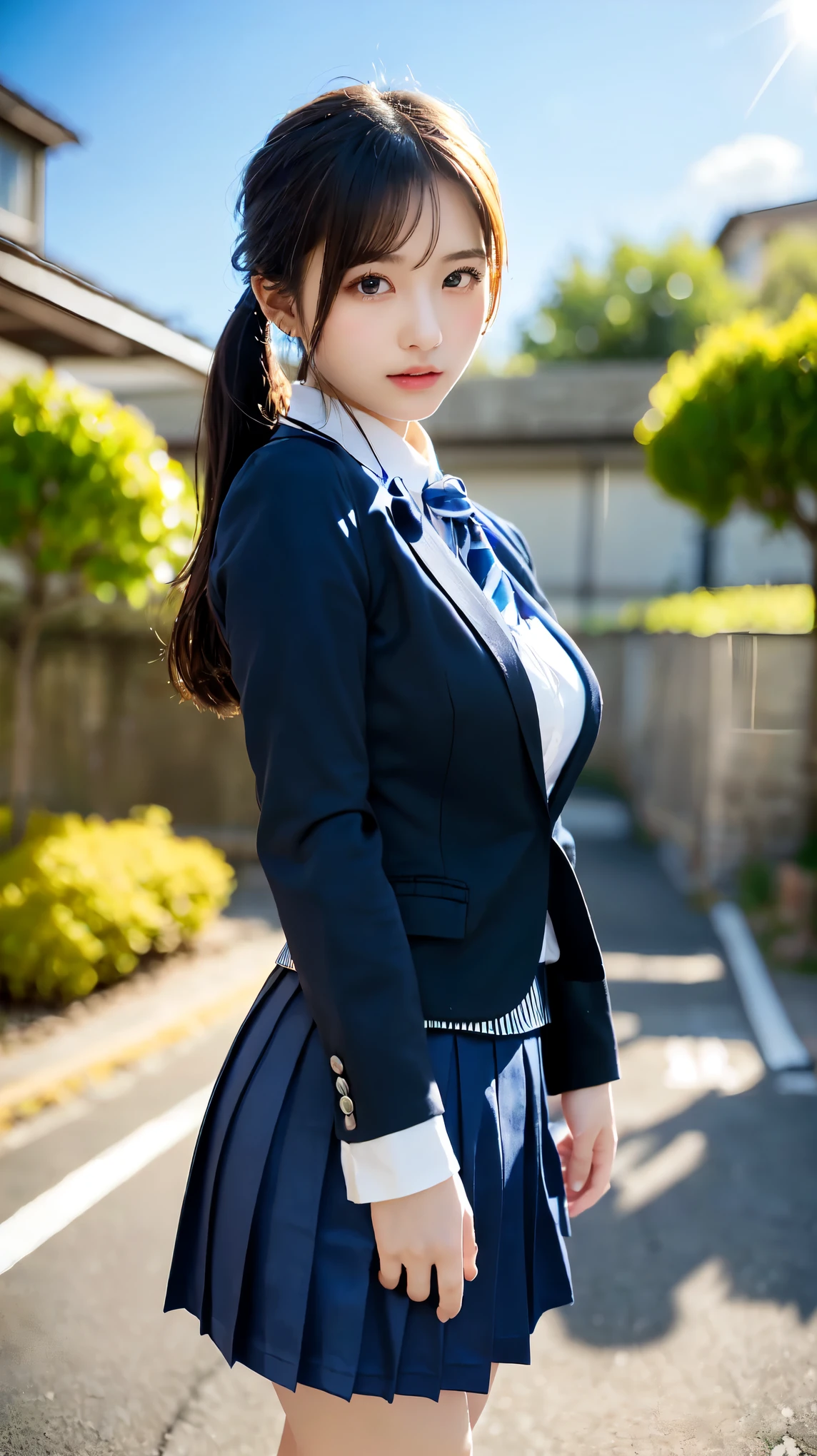 pretty girl, 16 years old, Cityscape, Dark brown hair,Ponytail hairstyle, Beautiful well-groomed eyes、((double eyelid))、 (((school uniform、blazer、Long-sleeved shirts worn by Japanese high school girls、Ribbon tie、Dark blue mini skirt,、Dark blue socks、Black Loafers))), (Clear Face), (Detailed facial depiction), (Detailed eyes)、Thin clavicle、((Slender))、((A proper idol))、((school gate、Schoolyard、With the school building in the background))、(Take photos from random perspectives)、Drawing the whole body from the knees、Don't draw thin lines、(((Sports bags popular among Japanese female students)))、(Big big breasts with big drooping:1.2)、Big toned buttocks、bare hands、(((Symmetrical eyes)))、Standing pose、Please do not remove the tie from the jacket、Lift your butt:1.5,Official Art,Highly detailed CG Unity 8k wallpaper, (masterpiece:1.0),(highest quality:1.0), photo shoot, 8k, Browsing Caution, High resolution, Kodak Portrait 400, Film Grain, Lens flare brilliance,View your viewers