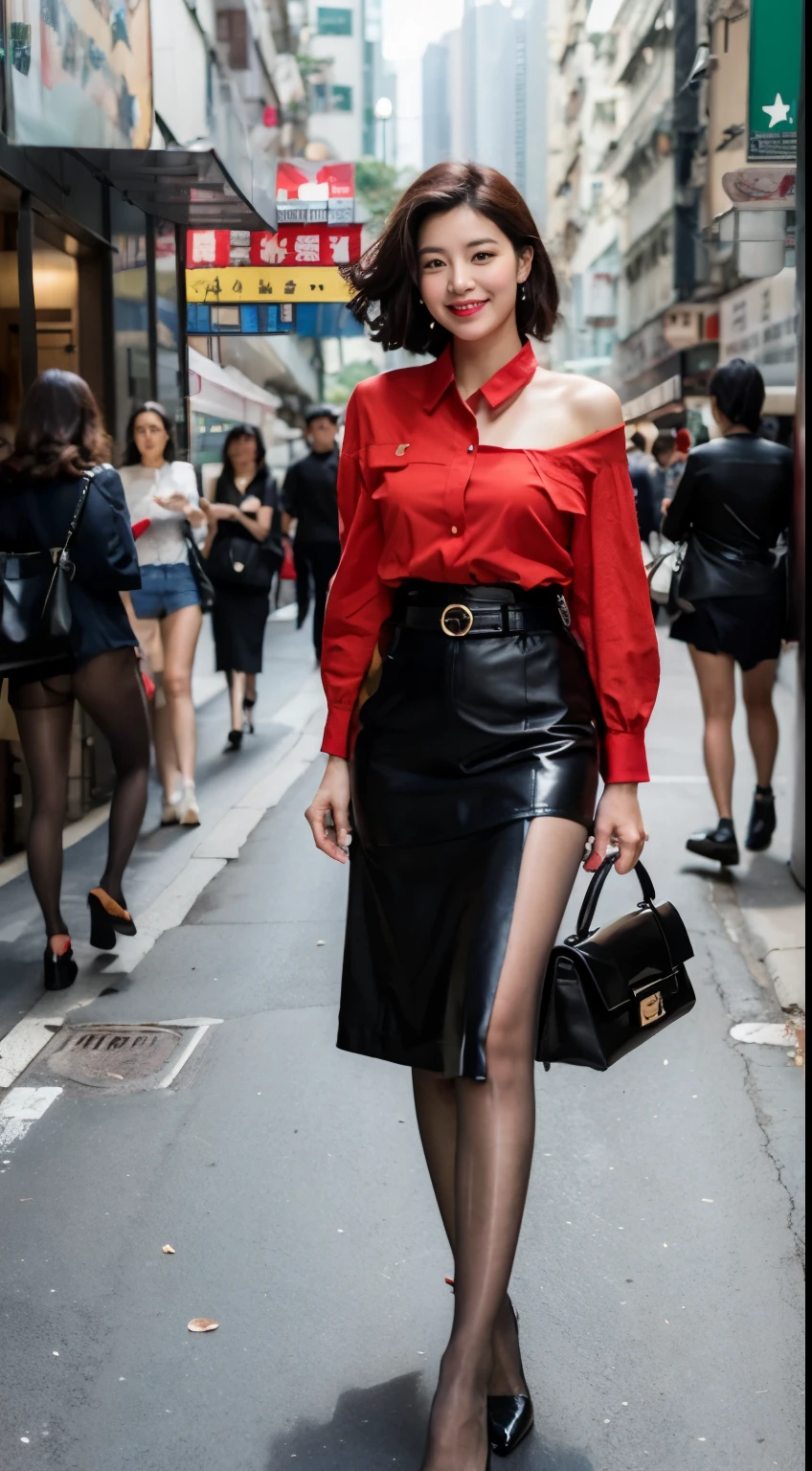 high quality,High-definition quality,8k,A woman stands on the street in Hong Kong,Carrying a black Hermès bag,shoulder-length black hair,big curly hair,All red French shirt,Black hip skirt,Black leather belt,Pantyhose,High heel,Vintage port style,Bright and beautiful women