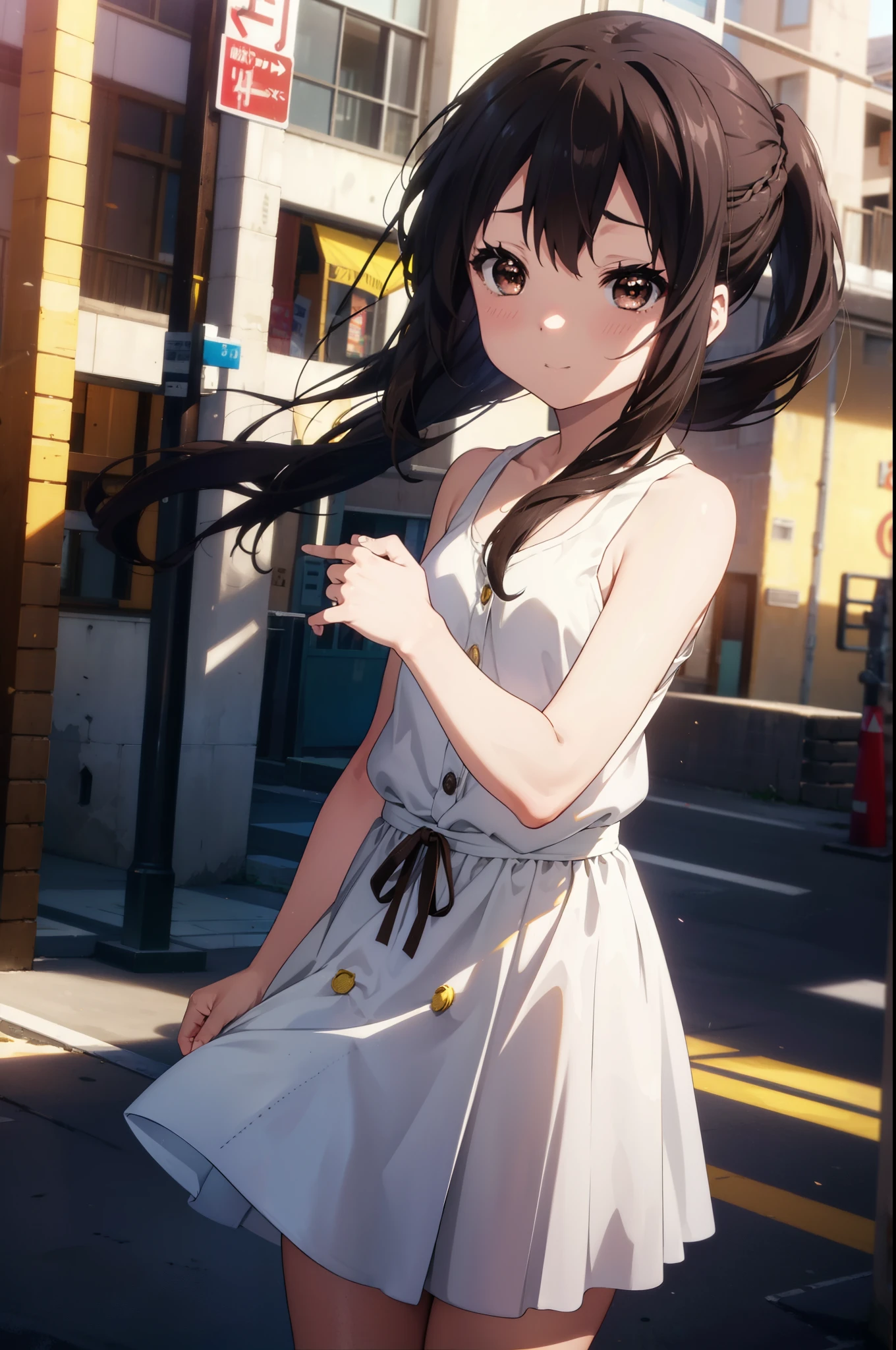 azusanakano, Azusa Nakano, Black Hair, (Brown eyes:1.5), Long Hair, smile,blush,ponytail,Short braided hair,yellow headband ,Long skirt integrated dress,Bare neck,bare clavicle,Bare shoulders,Cute Sandals,Daytime,Clear skies、
break indoors, In town,Building district,City Street,
break looking at viewer, (Cowboy Shot:1.5),
break (masterpiece:1.2), highest quality, High resolution, unity 8k wallpaper, (figure:0.8), (Beautiful fine details:1.6), Highly detailed face, Perfect lighting, Highly detailed CG, (Perfect hands, Perfect Anatomy),