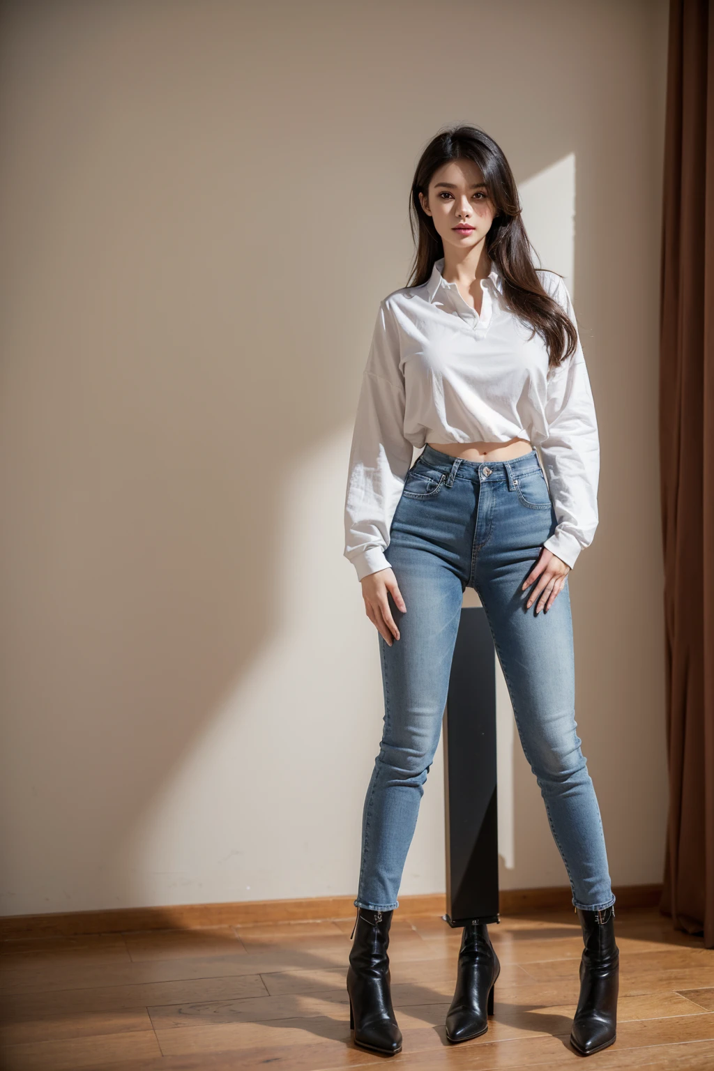 (((full image:1.5, show full body, standing:1.8, facing viewer, the front body facing directly to the front of camera, show body from head to toe))), huge breast:1.5, tall body, slim body:1.1, fit body, abdominal muscle:1.5,  pale skin, short hair with updo, ((standing)), a woman wearing long sleeves shirt, wearing tight jeans, show boots heels. High quality:1.3, Professional lighting:2.0, realistic:1.2, 4k resolution, detailed skin, finely detail, masterpiece:1.1, centered image, indoor at studio.