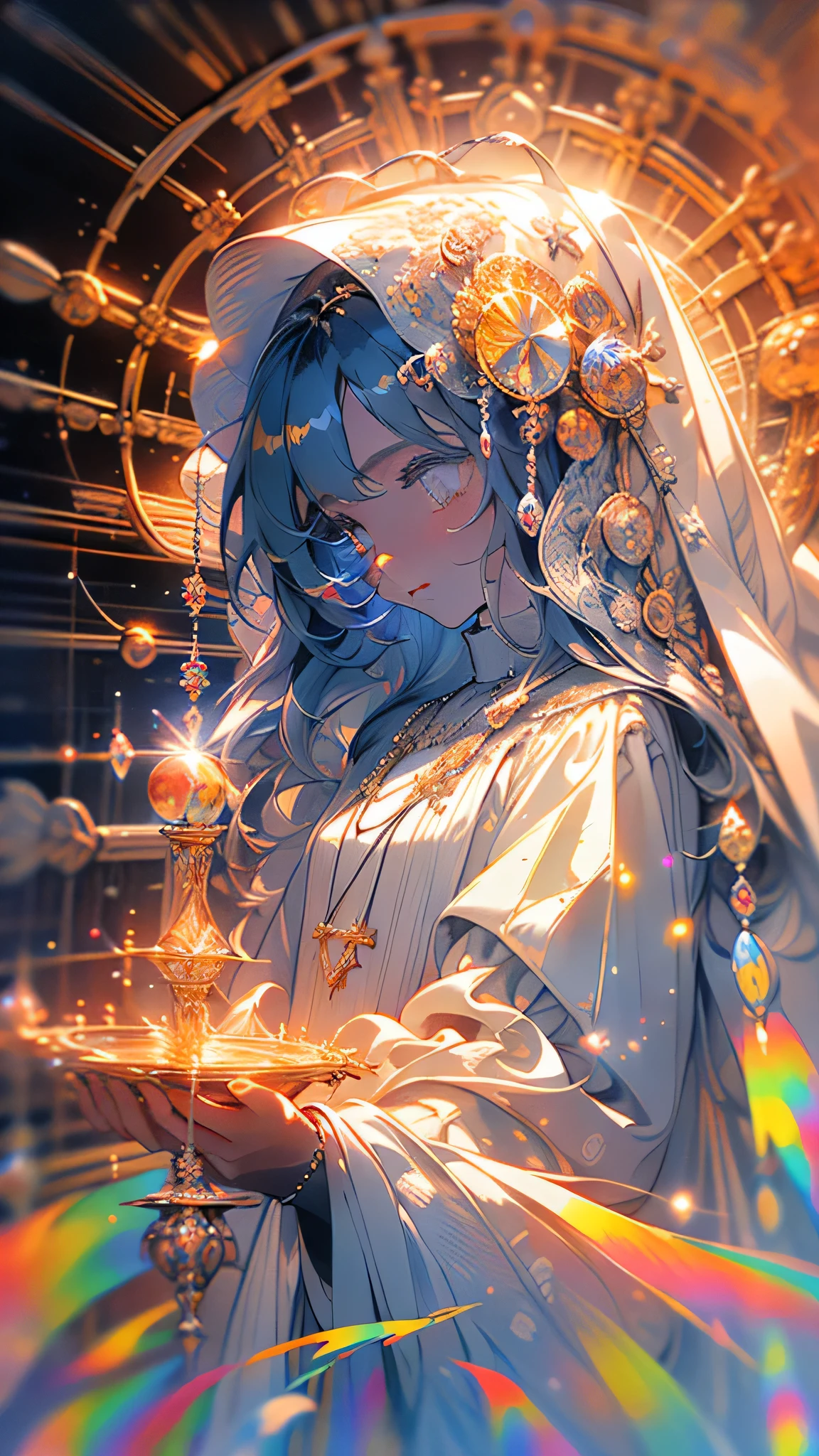 (masterpiece, highest quality, highest quality, Official Art, beautifully、aesthetic:1.2), (One girl), Very detailed, (Fractal Art:1.3), colorful, Most detailed, Perfect Face, Upper Body, High resolution, (pray:1.3), (White cloak, golden lines:1.2), Milky Way, (Streaks of Light), Impressive visuals, (Dynamic stripes, Light trail:1.2), Vibrant colors,