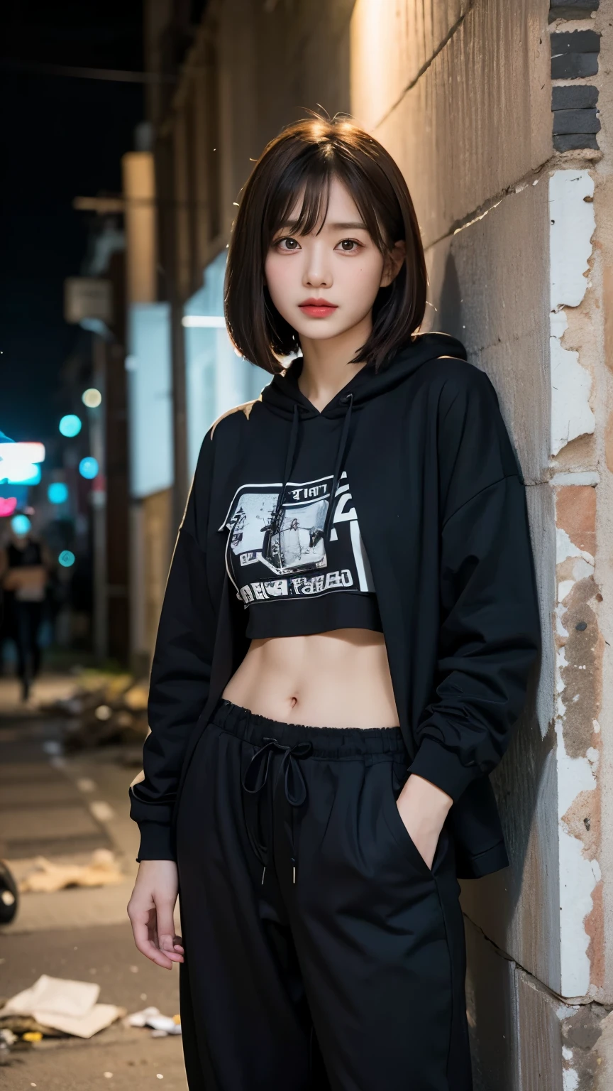 18-year-old,Korean women,((((Standing in front of a wall)))),(((Dirty neon street at night))),(((Facing forward))),(((Frowning,カメラをGlaring))),(Very fine eye),((I can't see my stomach)), (((Wearing a long black down jacket,Wearing baggy pants))),(((Collapsing Building))),(((old buildings))),((photograph)),((A woman near a garbage dump)),(((Fabric Shading))), (((highest quality))), (((masterpiece))) strong girl, ((((Realistic)))), I have a card,Black Hair, chic hairstyle, ((With bangs,Straight medium bob cut, nice hair)), Light makeup,Red eyes, (((I'm not wearing lipstick))), (nice, strong), (((Strong night atmosphere))), Centered Images, Looking at the camera, Realistic Skin,Realistic texture,8k,whole body,Pale skin, (((Dirty garbage dump))),A huge amount of trash,Red iris,Expressionless,Glaring,Perfect Face,(((Big eyes))),Wide black baggy pants,Mouth closed, portrait of aespaのウィンター,She is wearing black streetwear, Woman in black streetwear, 黒いハイテクな服を着た女性のphotograph, Girl wearing black hoodie, Cyberpunk Streetwear, Cyberpunk Streetwear street fashion e-girl,