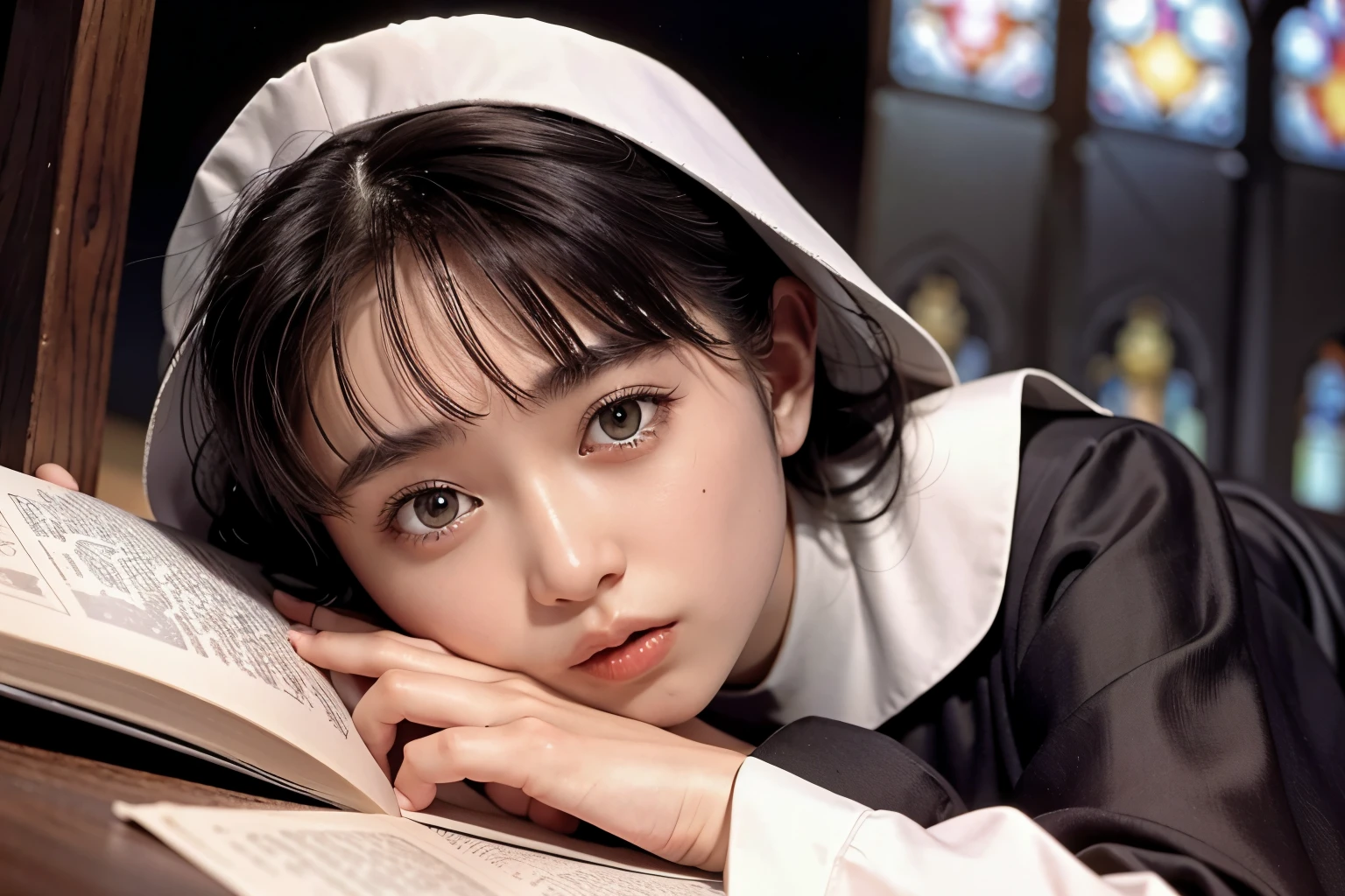 (Ogawa Noriko), (highest quality, Very detailed, masterpiece, In detail, High resolution, 8k wallpaper, highest quality, High resolution), Beautiful face in every detail, Long sleeve, Nuns, habit, Nuns, habit, dress, black dress, long dress, Catholic;, church, Stained glass, 