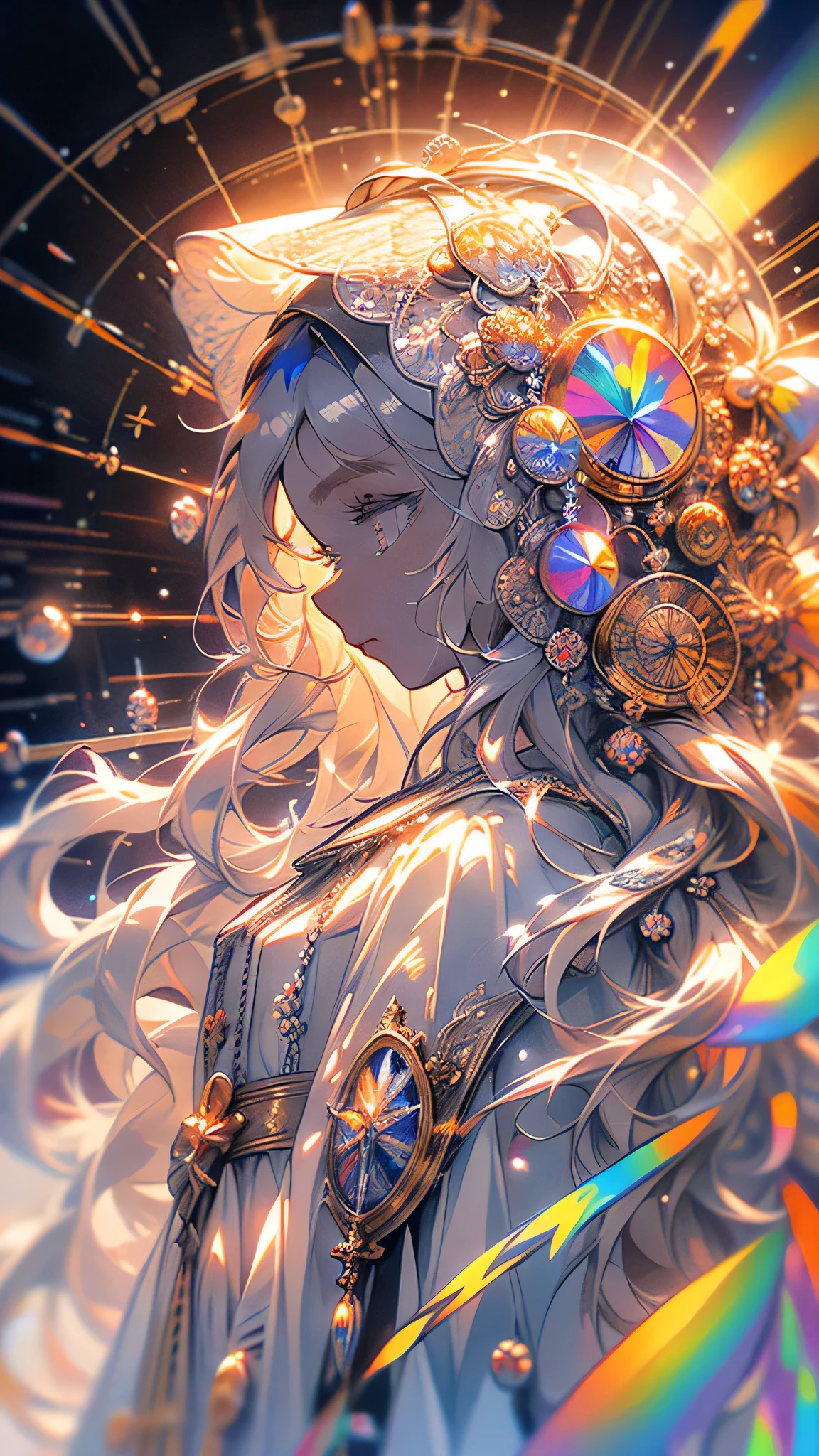 (masterpiece, highest quality, highest quality, Official Art, beautifully、aesthetic:1.2), (One girl), Very detailed, (Fractal Art:1.3), colorful, Most detailed, Perfect Face, Upper Body, High resolution, (pray:1.3), (White cloak, golden lines:1.2), Milky Way, (Streaks of Light), Impressive visuals, (Dynamic stripes, Light trail:1.2), Vibrant colors,