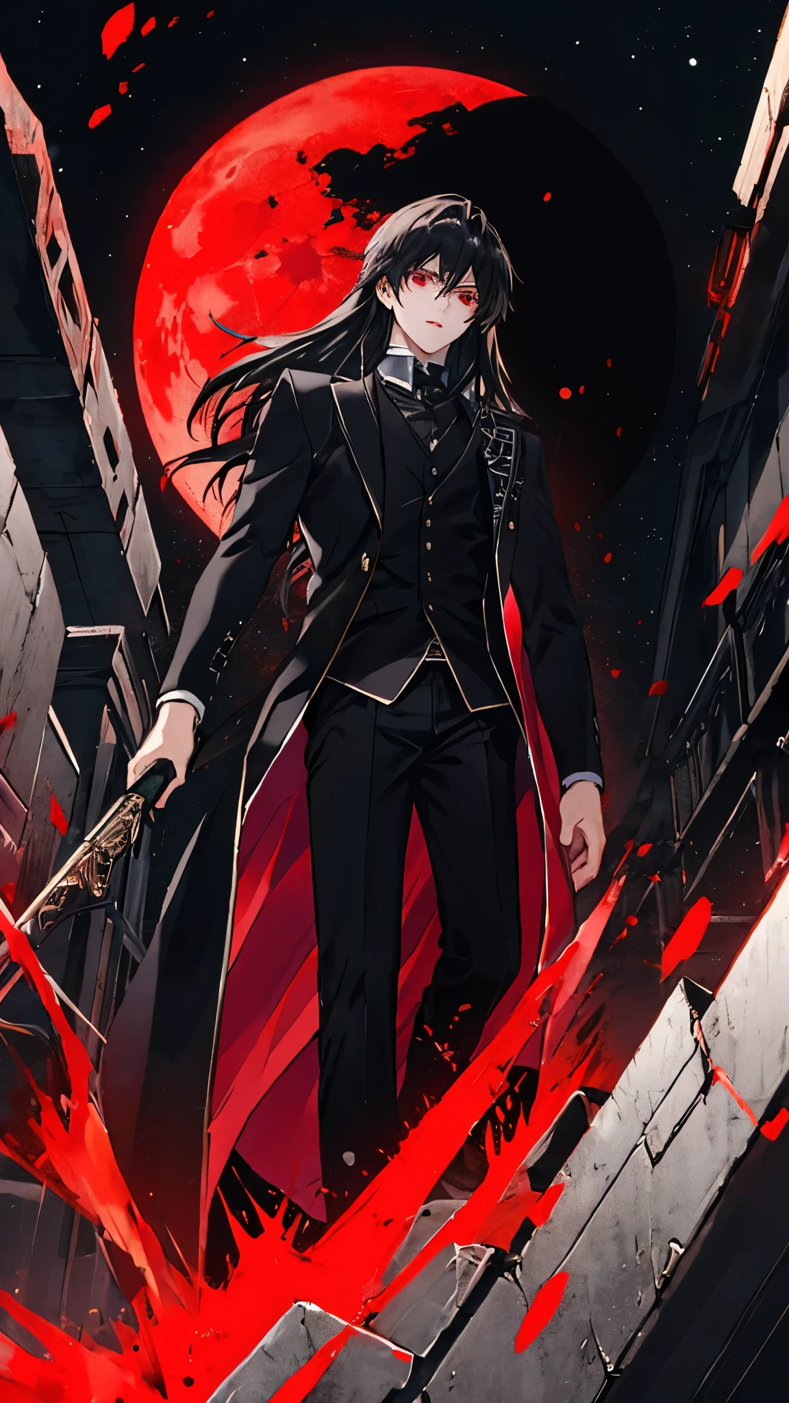 (best quality), masterpiece,Ultra Detailed,1man,Masculinity,a black-haired,Long hair,Red Eyes,Gorgeous dark atmosphere, Wear a black suit,Late Night, moon