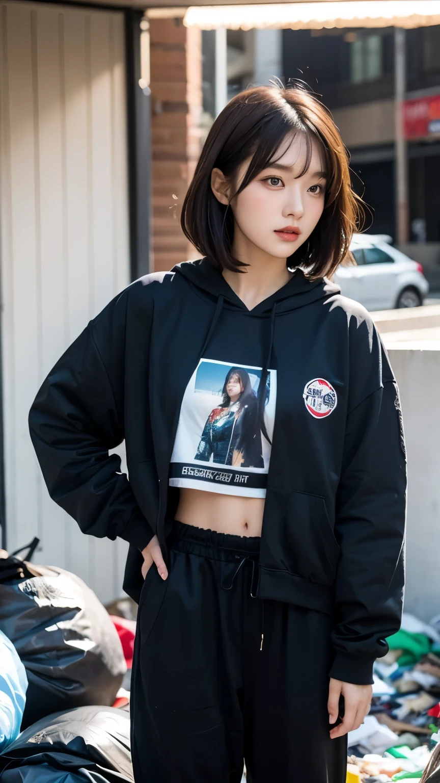 18-year-old,Korean women,((((Standing in front of a wall)))),(((Dirty neon street at night))),(((Facing forward))),(((Frowning,カメラをGlaring))),(Very fine eye),((I can't see my stomach)), (((Wearing a long black down jacket,Wearing baggy pants))),(((Collapsing Building))),(((old buildings))),((photograph)),((A woman near a garbage dump)),(((Fabric Shading))), (((highest quality))), (((masterpiece))) strong girl, ((((Realistic)))), I have a card,Black Hair, chic hairstyle, ((With bangs,Straight medium bob cut, nice hair)), Light makeup,Red eyes, (((I'm not wearing lipstick))), (nice, strong), (((Strong night atmosphere))), Centered Images, Looking at the camera, Realistic Skin,Realistic texture,8k,whole body,Pale skin, (((Dirty garbage dump))),A huge amount of trash,Red iris,Expressionless,Glaring,Perfect Face,(((Big eyes))),Wide black baggy pants,Mouth closed, portrait of aespaのウィンター,She is wearing black streetwear, Woman in black streetwear, 黒いハイテクな服を着た女性のphotograph, Girl wearing black hoodie, Cyberpunk Streetwear, Cyberpunk Streetwear street fashion e-girl,