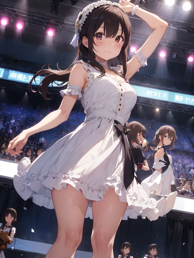 Beautuful Women,Soaked T-shirt,did not wear underwear,Bumps,Superskirt,did not wear panties,white legwear,high-heels,legs separated,squating,long leges,Big breasts Thin waist,Raise your hands high,Facing the audience