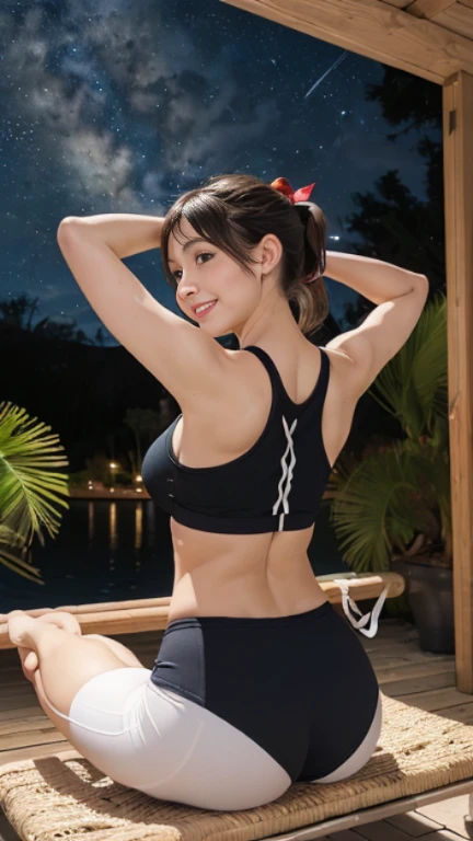 Tabletop, (highest quality), 23 years old,Very detailed, finely, (High resolution), (8k), ((Perfect rear view composition)), (Natural color lip),(ponytail:1.3),((女の子がsitting in a large hammock tied to a palm tree))),((Fitness shorts, red)),((whole body:1.3),,((shrapnel:1.3)),((Perfect rear view:1.3)),((The magnificent Milky Way floating in the night sky)),((Pose with your arms raised above your head)),(look back and smile),((Big ribbon on thigh)),((Big Ass)),((Ample breasts)),(Full and firm breasts),(Small Pareo),