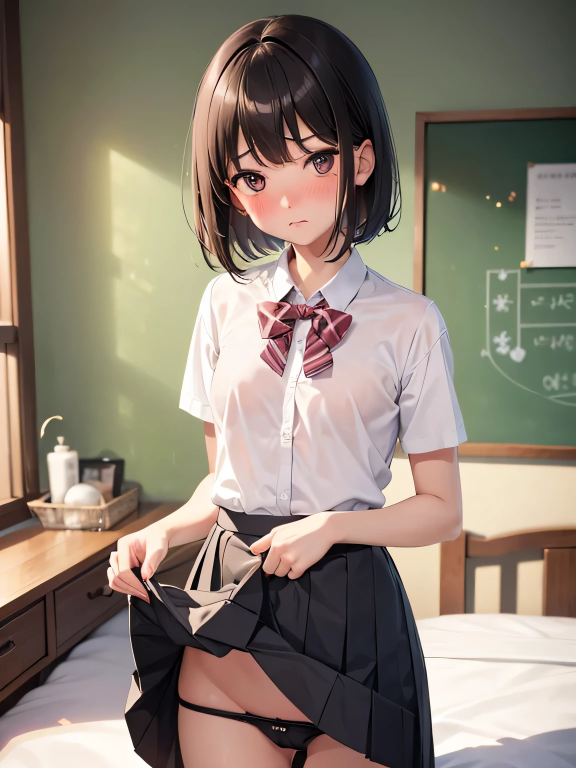 Mastepiece、masterpiece、highest quality、Super detailed、High resolution、8K Portrait、High definition CG of Unity 8k wallpaper、Cute little:1.5、:1.5、Highly detailed CG Unity 8k wallpaper、Realistic、Real person、 Portrait Photography、Shiny skin、High definition、(16 y)、(1 girl)、Beautiful clear eyes、extremely detailed description、Delicate face、Nice lips、Slim body、(thin waist)、Thin legs、(bed room:1.6)、1 Girl, Cute, Perfect Face, seriously, (blush:1.7),(Brown Bob Hair:1.3),(small breasts:1.3),(School uniform:1.3),(bra,Shoulder:1.2),((skirt lift:1.5)),(looking at view),(from front:1.2),(disapproval face:1.5),nsfw,(take off panty:1.6),