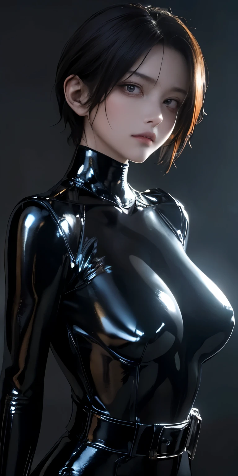 (masterpiece, 最high quality, 最high quality, Official Art, beautifully、aesthetic:1.2), Cinema Lighting、(Key light at 45 degrees from the front,Orange Fill Light、Soft Blue Backlight、Strong Shadows、Blue and orange color palette), Accurate human body、Someone knowledgeable、Correct five-finger、RAW Photos、 4K - ultra-vivid、最high quality, masterpiece, Ultra-high resolution, (reality: 1.4),
(((Oilskin,Glowing Skin、Realistic skin texture、Beautiful skin in every detail、Shiny skin、Slimy skin、Shiny skin、Shiny skin)))、
Upper Body Shot, Low camera angle, Written boundary depth, Focus on the center, Beautiful Eyes, Perfect face and eyes、
1 girl,Huge breasts, Black Hair, short hair, high quality, Very detailed, masterpiece, reality的な、High Fashion | Mugle