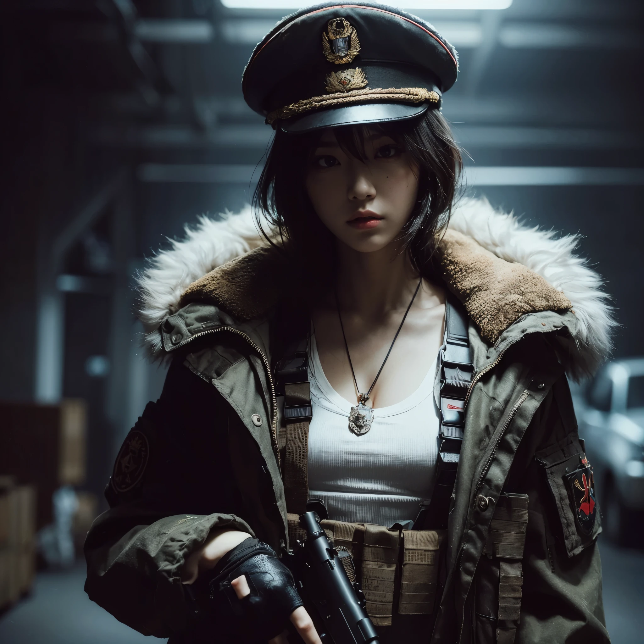 ((very sharp photo result & detailed face)) (((textile shading))), (((Best Quality))), (((masterpiece))), (((hyper realistic photo))) dark backlight shade full body shoot a tall tough cold japanese girl wearing messy russian military suit outside, white tanktop inside, full badge with general hat, she is in military facility, she holds guns, cinematic mood, gritty atmosphere,4K, perfect