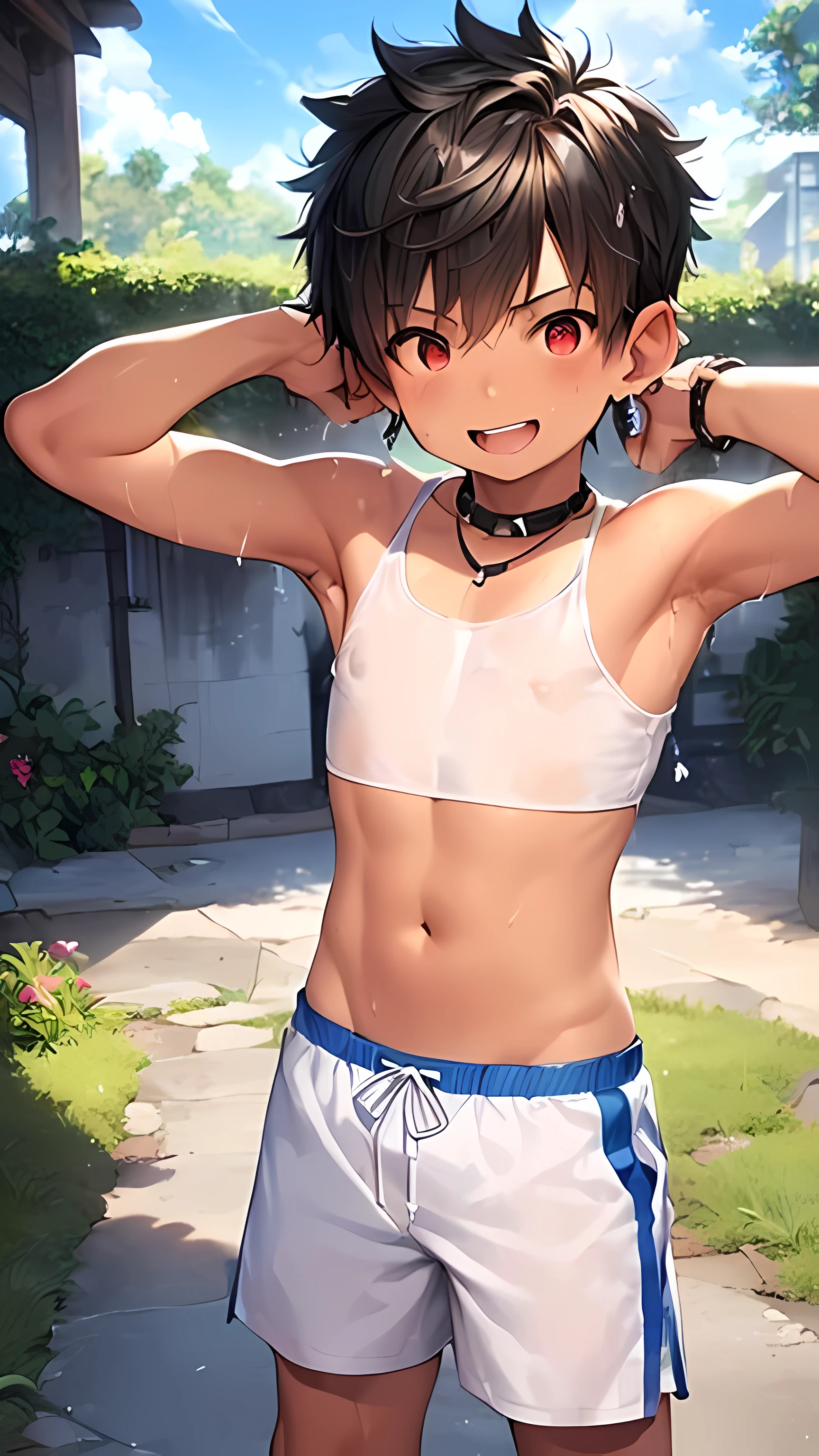 (shota:1.5), (baggy white tank top:1.3), ((blue bikini pants)), ((thumbs up)), (((best quality))), (((masterpiece))), ((ultra detailed)), (skinny:1.3), (spiked hair), wind blowing, (red streaked hair), wine red eyes, ((raised arms)), ((smiling)), open mouth, ((earings)), blue sky, grass, (choker on neck), full body shot, ((armpits)), sweaty skin, wet clothes,