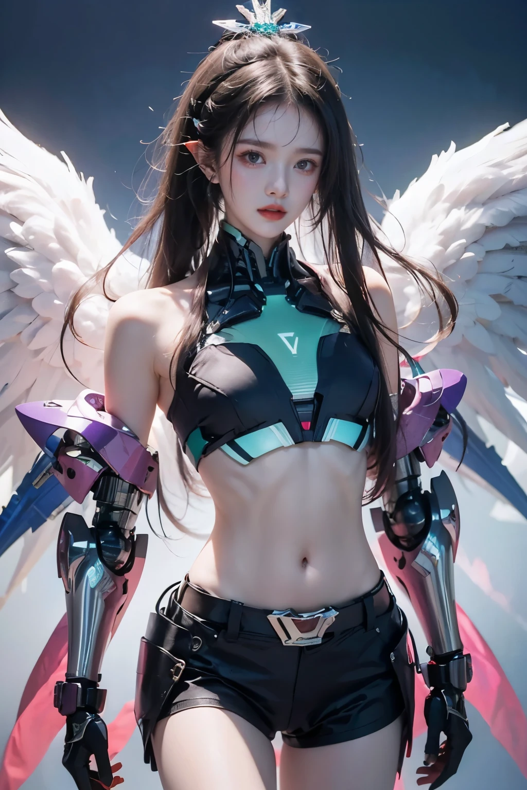 tmasterpiece,Best quality at best,A high resolution,16K,(portrait),(Close up of avatar),(RAW photogr),real photograph,digital photography,(cyberpunk queen),14-year-old girl,long ponytail hairstyle,By bangs,(pink and silver gradient hair),(Glowing emerald green eyes),Devil Eyes,Serious and charming,lightning glowing electronic components,silver wires and tubes connect the body,Complex light blue electronic texture,Weird technology symbols,Black round forehead symbol,Luxurious mechanical crown,Keep your mouth shut,(The chest is covered with a thin piece of cotton fabric that conveys the soft texture of a real human breast.),Photo pose,cyber punk perssonage,Future Style,Dawn Background,Shoulder exposed,Navel exposed,Flat Chest,Small breasts,Small breasts,Small waist,Small Ass,Thin legs,Leaner figure,Slim figure,Glowing blue eyes,Confidence,Thin, sharp, and bold, upturned eyes,The background is a futuristic city,Beautiful city background at sunrise,The skin is exposed on the shoulders.,The skin on the neck is exposed,The shoulders have exposed skin.,The skin on the neck is exposed,The light of the sunrise brightens my face,The neck is exposed and not covered by the suit,Her belly button is also exposed and not covered by the suit.,small waist width,The butt is very small,The legs are very thin,Both legs are thin,Chest shakes,breasts are small,Healthy reddish skin tone,Angel Fairy,The night has broken and the blue sky is spreading out in the distance,