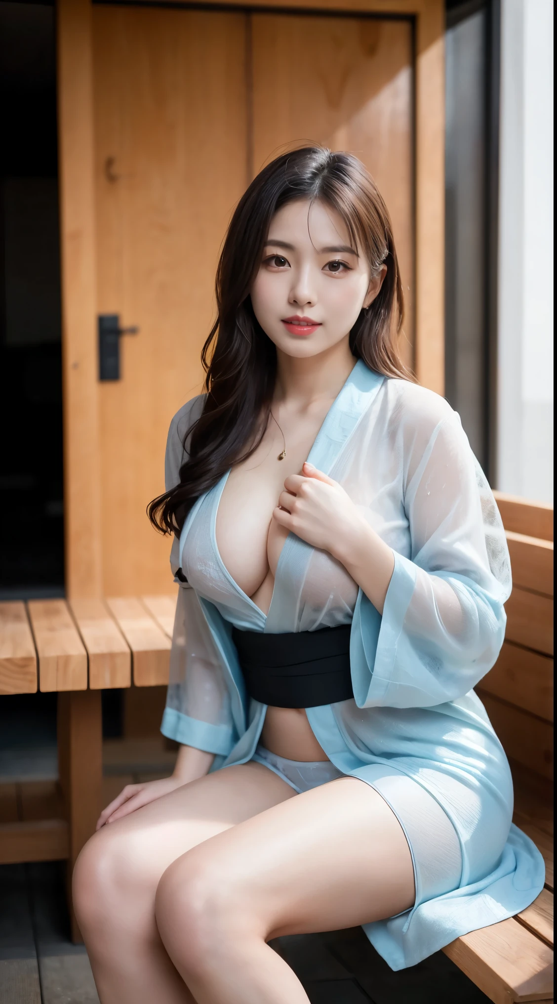 ulzzang-6500-v1.1, (Raw photo:1.2), (Photorealistic), (See-through:1.3), (Genuine:1.4), 
A Japanese woman in a robe sitting sloppily on a wooden bench, in kimono, sakimichan hdri, Japanese Goddess, wearing a simple robe, Japanese Model, Japanese public baths, wearing a simple robe, Beasts, Young Sensual Gravure Idol, Yoshitomo Nara, In kimono, Ayami