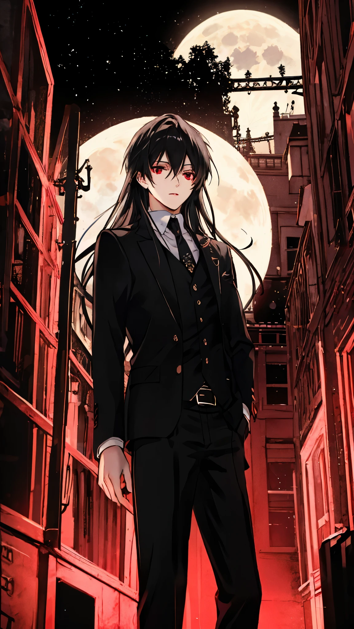 (best quality), masterpiece,Ultra Detailed,1man，Masculinity，a black-haired，Long hair，Red Eyes，Gorgeous dark atmosphere, Wear a black suit，Late Night, moon