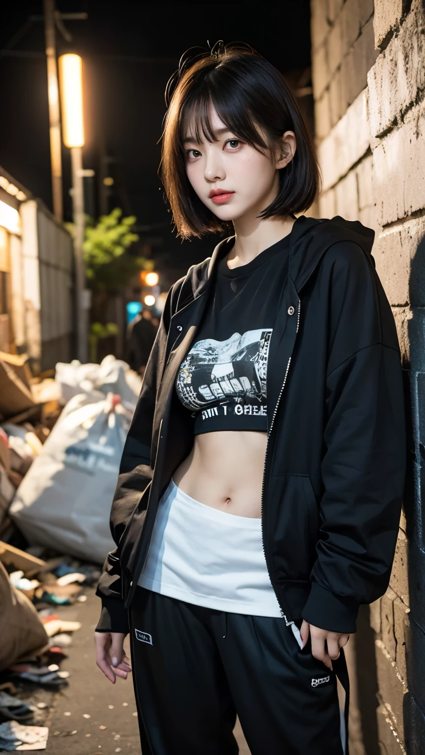 18-year-old,Korean women,((((Standing in front of a wall)))),(((Dirty neon street at night))),(((Facing forward))),(((Frowning,カメラをGlaring))),(Very fine eye),((I can't see my stomach)), (((Wearing a long black down jacket,Wearing baggy pants))),(((Collapsing Building))),(((old buildings))),((photograph)),((A woman near a garbage dump)),(((Fabric Shading))), (((highest quality))), (((masterpiece))) strong girl, ((((Realistic)))), I have a card,Black Hair, chic hairstyle, ((With bangs,Straight medium bob cut, nice hair)), Light makeup,Red eyes, (((I&#39;m not wearing lipstick))), (nice, strong), (((Strong night atmosphere))), Centered Images, Looking at the camera, Realistic Skin,Realistic texture,８k,whole body,Pale skin, (((Dirty garbage dump))),A huge amount of trash,Red iris,Expressionless,Glaring,Perfect Face,(((Big eyes))),Wide black baggy pants,Mouth closed, portrait of aespaのウィンター,She is wearing black streetwear, Woman in black streetwear, 黒いハイテクな服を着た女性のphotograph, Girl wearing black hoodie, Cyberpunk Streetwear, Cyberpunk Streetwear street fashion e-girl,