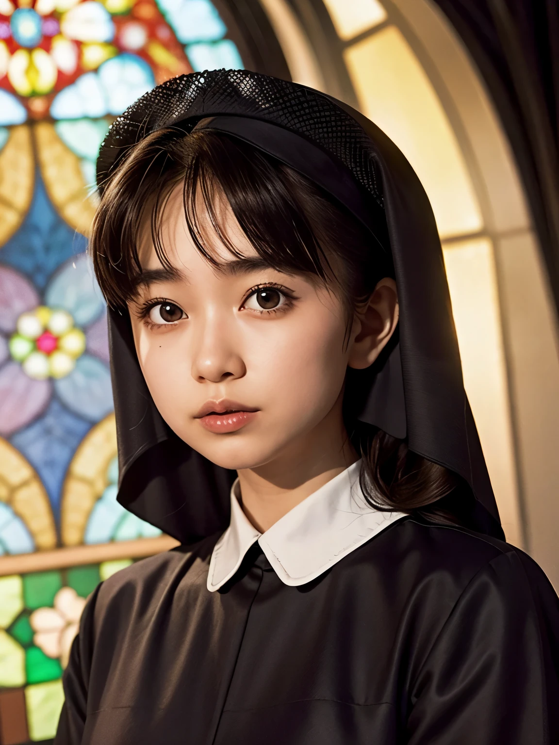 (Ogawa Noriko), (highest quality, Very detailed, masterpiece, In detail, High resolution, 8k wallpaper, highest quality, High resolution), Beautiful face in every detail, long sleeves, nun, habit, nun, habit, dress, black dress, long dress, catholic;, church, Stained glass, church,