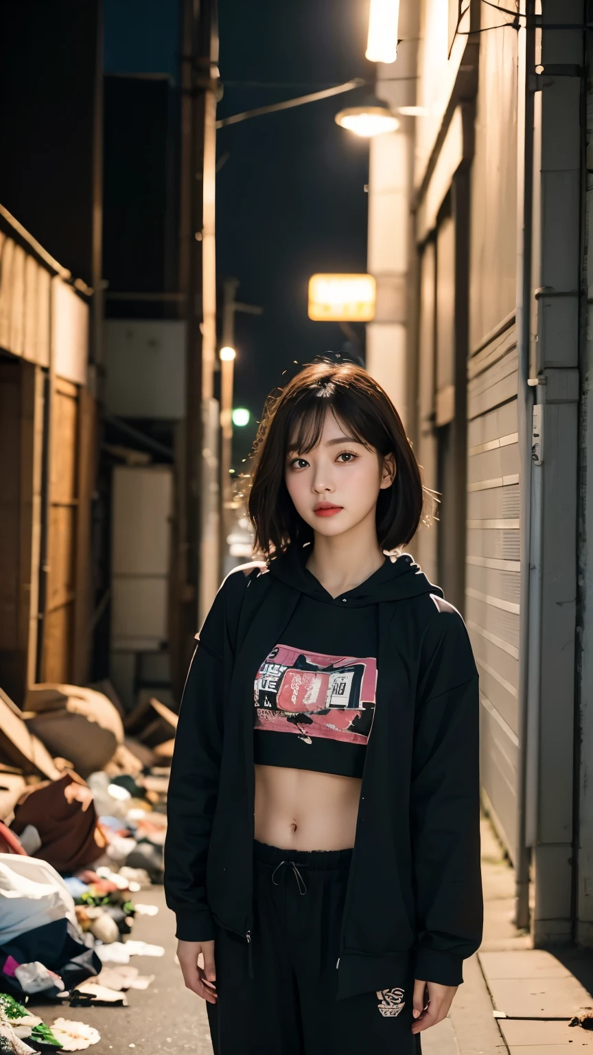 18-year-old,Korean women,((((Standing in front of a wall)))),(((Dirty neon street at night))),(((Facing forward))),(((Frowning,カメラをGlaring))),(Very fine eye),((I can't see my stomach)), (((Wearing a long black down jacket,Wearing baggy pants))),(((Collapsing Building))),(((old buildings))),((photograph)),((A woman near a garbage dump)),(((Fabric Shading))), (((highest quality))), (((masterpiece))) strong girl, ((((Realistic)))), I have a card,Black Hair, chic hairstyle, ((With bangs,Straight medium bob cut, nice hair)), Light makeup,Red eyes, (((I&#39;m not wearing lipstick))), (nice, strong), (((Strong night atmosphere))), Centered Images, Looking at the camera, Realistic Skin,Realistic texture,８k,whole body,Pale skin, (((Dirty garbage dump))),A huge amount of trash,Red iris,Expressionless,Glaring,Perfect Face,(((Big eyes))),Wide black baggy pants,Mouth closed, portrait of aespaのウィンター,She is wearing black streetwear, Woman in black streetwear, 黒いハイテクな服を着た女性のphotograph, Girl wearing black hoodie, Cyberpunk Streetwear, Cyberpunk Streetwear street fashion e-girl,