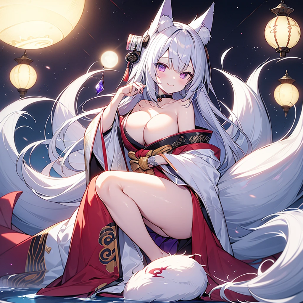 highest quality、masterpiece、4K、Gray Hair、bangs、長いGray Hair、Slanted Eyes、Purple lipstick、Glowing yellow eyes、Pale skin、nine tailed fox、nine white fox tails、Purple Oiran、topless、Big white fox ears、Large Breasts、Cleavage、Ruthless smile、Blue Flame、指先からBlue Flame、Full moon night、Full Body、High resolution