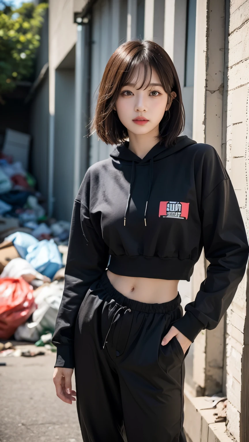 18-year-old,Korean women,((((Standing in front of a wall)))),(((Dirty neon street at night))),(((Facing forward))),(((Frowning,カメラをGlaring))),(Very fine eye),((I can't see my stomach)), (((Wearing a long black down jacket,Wearing baggy pants))),(((Collapsing Building))),(((old buildings))),((photograph)),((A woman near a garbage dump)),(((Fabric Shading))), (((highest quality))), (((masterpiece))) strong girl, ((((Realistic)))), I have a card,Black Hair, chic hairstyle, ((With bangs,Straight medium bob cut, nice hair)), Light makeup,Red eyes, (((I&#39;m not wearing lipstick))), (nice, strong), (((Strong night atmosphere))), Centered Images, Looking at the camera, Realistic Skin,Realistic texture,８k,whole body,Pale skin, (((Dirty garbage dump))),A huge amount of trash,Red iris,Expressionless,Glaring,Perfect Face,(((Big eyes))),Wide black baggy pants,Mouth closed, portrait of aespaのウィンター,She is wearing black streetwear, Woman in black streetwear, 黒いハイテクな服を着た女性のphotograph, Girl wearing black hoodie, Cyberpunk Streetwear, Cyberpunk Streetwear street fashion e-girl,