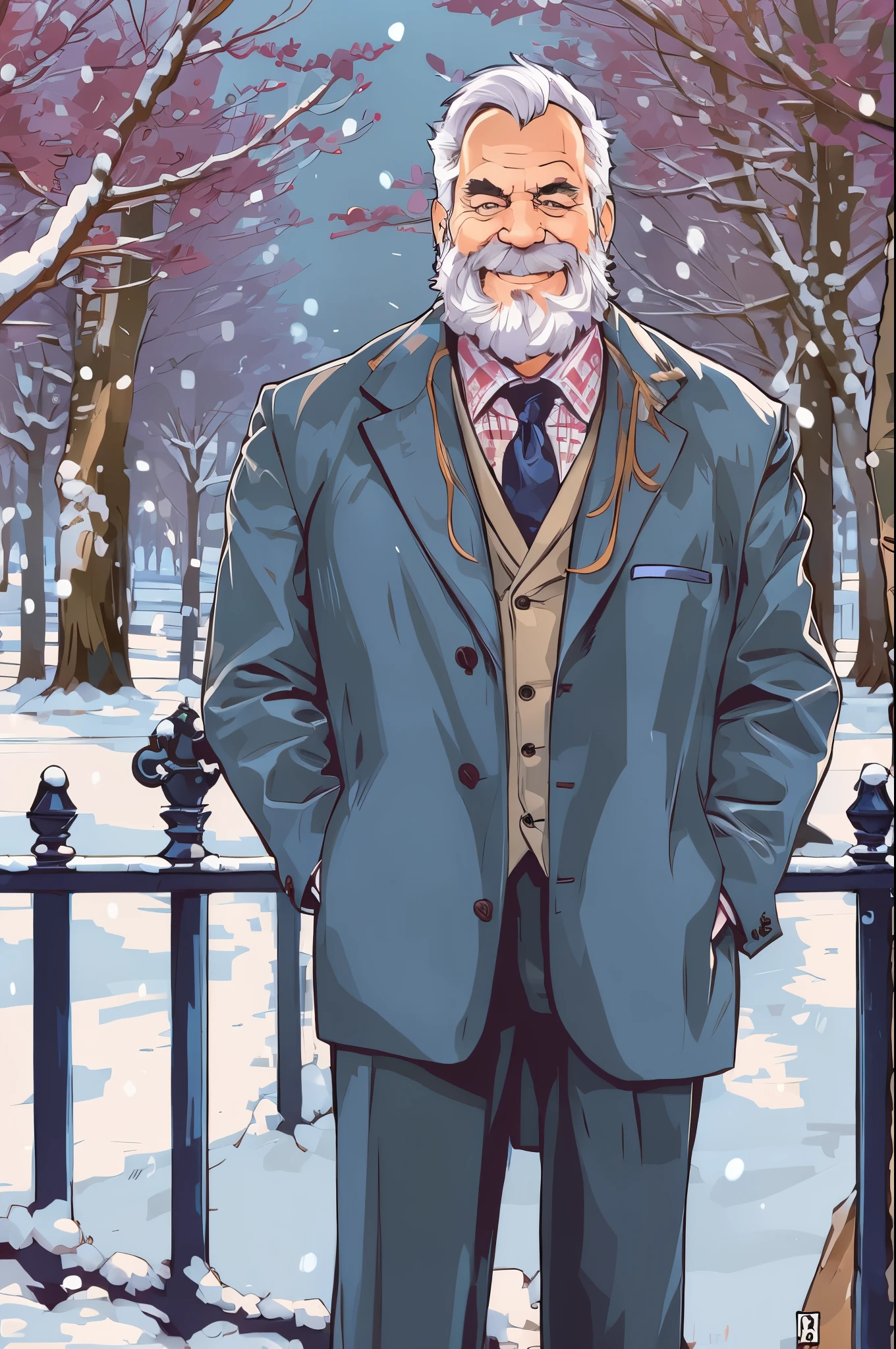 portrait, muscular old man in park, happy, , suits, vector, mwvector, Winter