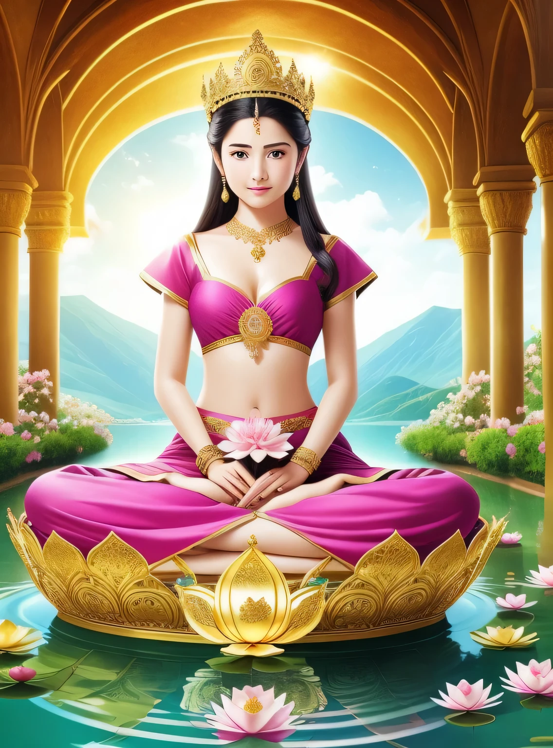 Beautiful 16 year old princess sitting on a lotus，Wearing a delicate gold crown，Hold the lotus flower with one hand，Barefoot on both feet，Such as out of the water hibiscus，The corners of the mouth are slightly upturned，Look at the camera with a gentle expression，Gorgeous and noble costumes，8k wallpaper，Amazing Cleavage，tmasterpiece,Goddess of wealth,Venerable goddess,Beautiful dream world，A magical fantasy，