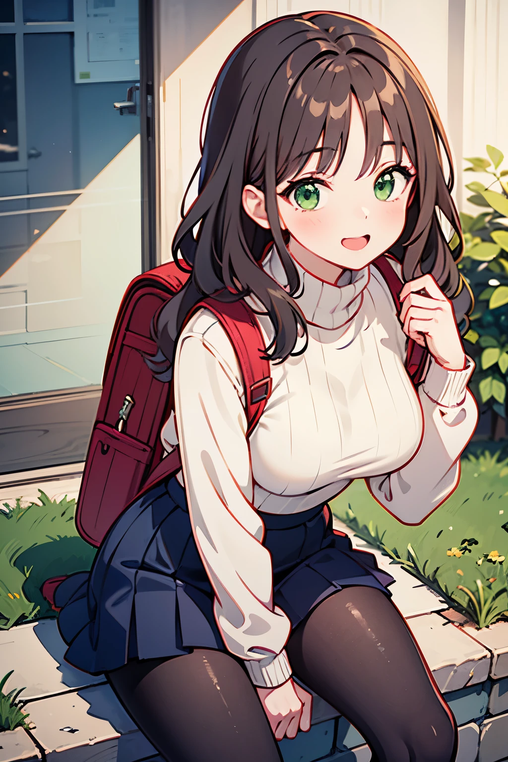 ((best quality)), ((masterpiece)), (detailed), perfect face, cute girl, long wavy brown hair, she smile, she is 20 years old, she is wearing turtle neck sweater, she is wearing skirt, she is wearing pantyhose, she is wearing boots, green eyes, she is wearing a backpack, masterpiece, best quality, ultra-detailed