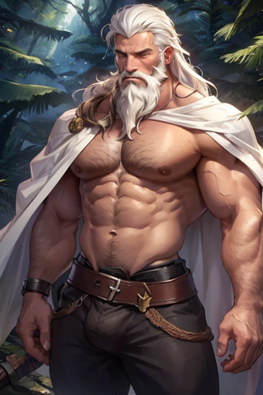 score_9, score_8_up, score_7_up, (white hair, wild messy hair, upper body, shirtless, tight clothes, stoic, serious, barbarian, warrior, gay, homoerotic, bara, yaoi, solo male, character), ((big pectorals, fantasy, forest, wilderness, bare chest, shirtless, belts, fur cape, wrinkles, beard, long hair, long beard, hairy, mature male, adult, middle aged, rugged, manly))