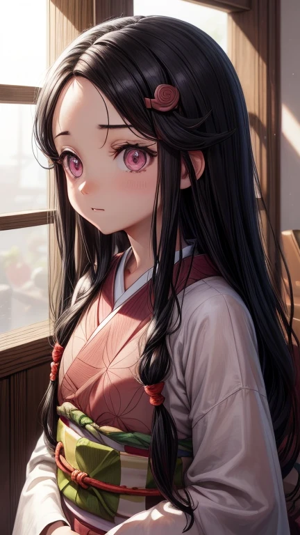 Nezukokamado, Nezuko Kamado, bamboo, (Mordaza de bits:1.5), cabello negro, (frente:1.5), mordaza, Amordazado, cinta para el cabello, Cabello largo, cabello multicolor, (ojos rosados:1.5), cabello naranja, pupilas cortadas, cabello ondulado, Cabello bitono,
romper asa no ha (pattern), Banda a cuadros, haori, Ropa japonesa, quimono, mangas largas, Obi, quimono rosa, faja, Wariza,  mangas anchas,
DESCANSO mirando al espectador,
DESCANSO en interiores,
romper (Obra maestra:1.2), La mejor calidad, high resolution, Unidad 8K Fondo de pantalla, (illustration:0.8), (hermosos ojos detallados:1.6), Cara extremadamente detallada, Perfect lighting, CG extremadamente detallado, (Manos perfectas, perfect anatomy),