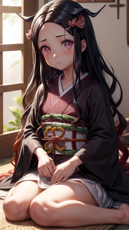 Nezukokamado, Nezuko Kamado, bamboo, (Mordaza de bits:1.5), cabello negro, (frente:1.5), mordaza, Amordazado, cinta para el cabello, Cabello largo, cabello multicolor, (ojos rosados:1.5), cabello naranja, pupilas cortadas, cabello ondulado, Cabello bitono,
romper asa no ha (pattern), Banda a cuadros, haori, Ropa japonesa, quimono, mangas largas, Obi, quimono rosa, faja, Wariza,  mangas anchas,
DESCANSO mirando al espectador,
DESCANSO en interiores,
romper (Obra maestra:1.2), La mejor calidad, high resolution, Unidad 8K Fondo de pantalla, (illustration:0.8), (hermosos ojos detallados:1.6), Cara extremadamente detallada, Perfect lighting, CG extremadamente detallado, (Manos perfectas, perfect anatomy),