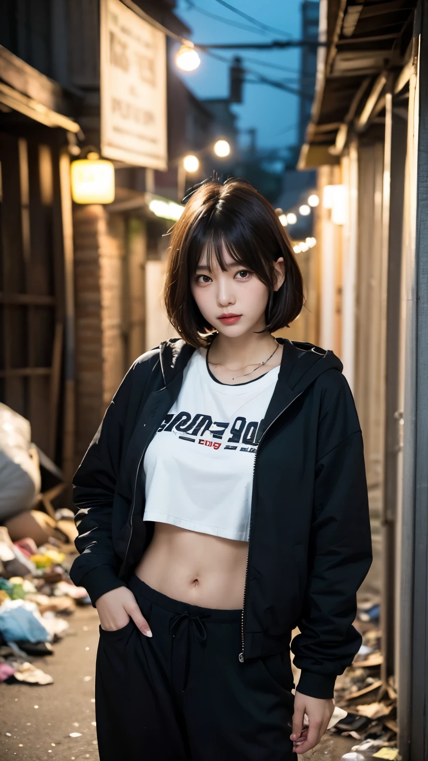 18-year-old,Korean women,((((Standing against the wall)))),(((Dirty neon street at night))),(((Facing forward))),(((Frowning,カメラをGlaring))),(Very fine eye),((I can't see my stomach)), (((Wearing a long black down jacket,Wearing baggy pants))),(((Collapsing Building))),(((old buildings))),((photograph)),((A woman near a garbage dump)),(((Fabric Shading))), (((highest quality))), (((masterpiece))) strong girl, ((((Realistic)))), I have a card,Black Hair, chic hairstyle, ((With bangs,Straight medium bob cut, nice hair)), Light makeup,Red eyes, (((I'm not wearing lipstick))), (nice, strong), (((Strong night atmosphere))), Centered Images, Looking at the camera, Realistic Skin,Realistic texture,8k,whole body,Pale skin, (((Dirty garbage dump))),A huge amount of trash,Red iris,Expressionless,Glaring,Perfect Face,(((Big eyes))),Wide black baggy pants,Mouth closed, portrait of aespaのウィンター,She is wearing black streetwear, Woman in black streetwear, 黒いハイテクな服を着た女性のphotograph, Girl wearing black hoodie, Cyberpunk Streetwear, Cyberpunk Streetwear street fashion e-girl,