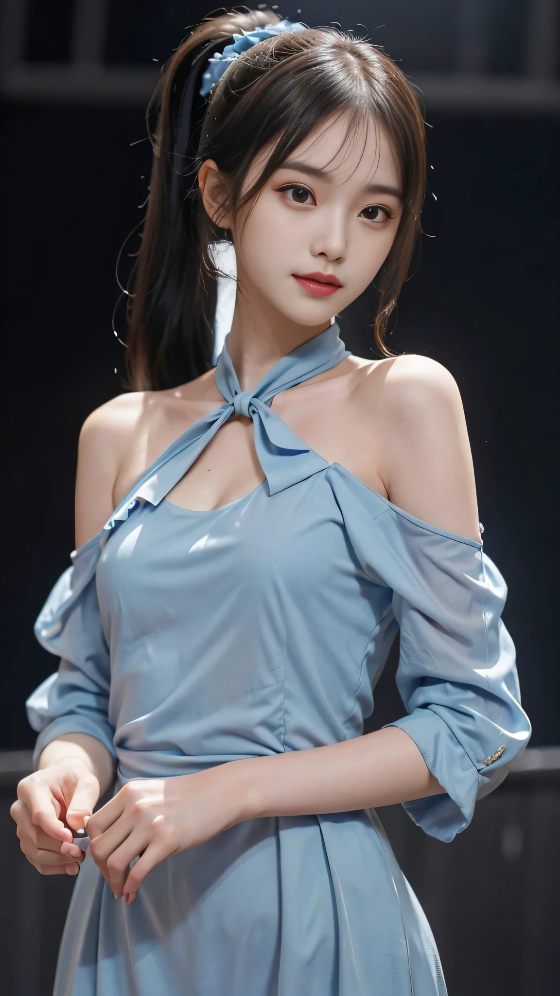 (hig彼st quality、8k、32k、masterpiece)、(Realistic)、(Realistic:1.2)、(High resolution)、Very detailed、Very beautiful face and eyes、1 girl、Delicate body、From Okinawa to the coast,(hig彼st quality、Attention to detail、Rich skin detail)、(hig彼st quality、8k、Oil paint:1.2)、Smile,??? Appeal,shy,Very detailed、(Realistic、Realistic:1.37)、Bright colors、Full Body Shot, (high school girl:1.6, White blouse, long pleated skirt of dark blue color, tie), short hair, (((15-year-old girl, slim, The body is slim, Large Breasts, Round and seductive ass,Walking closet)))