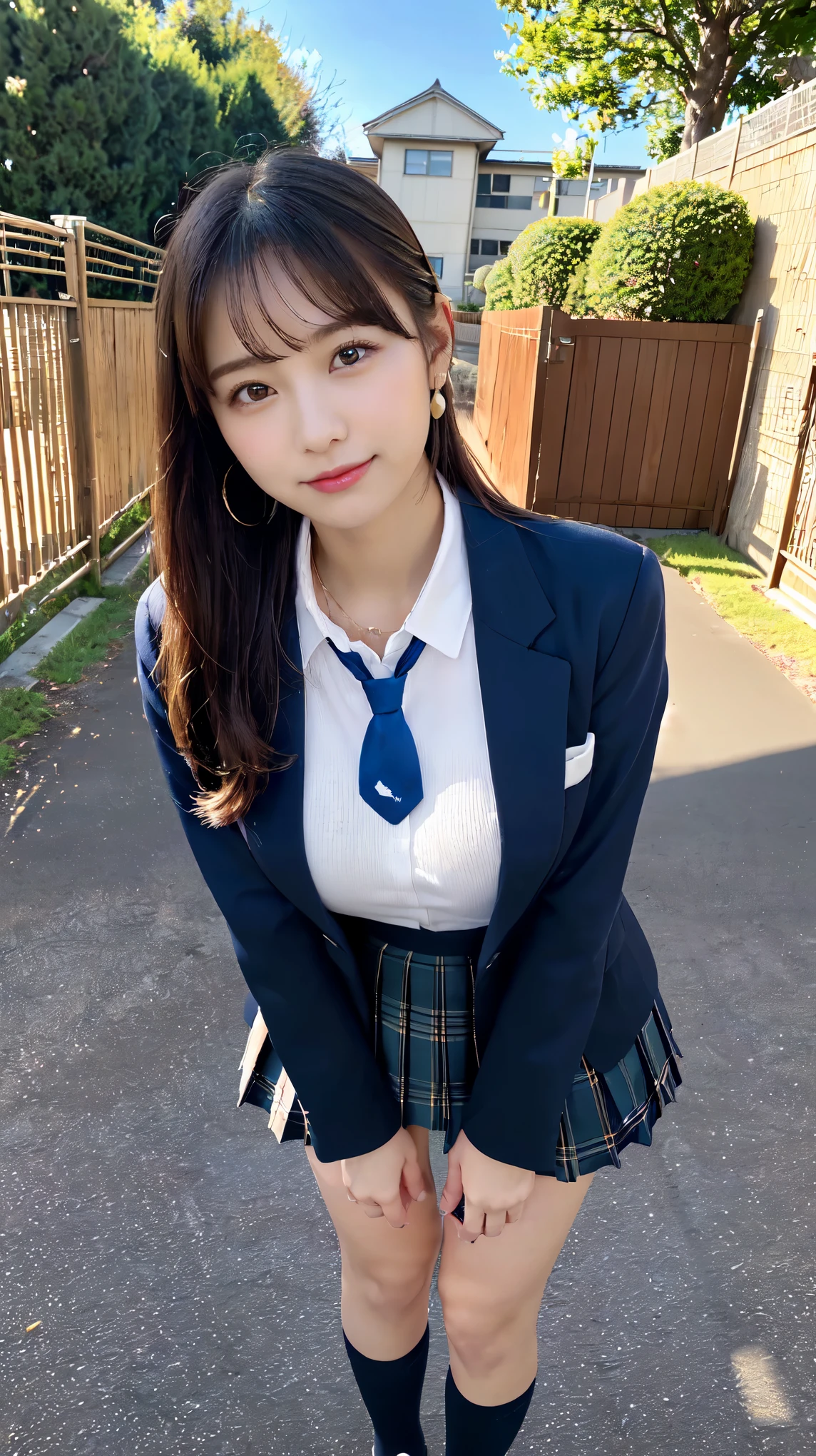 Tall Girl, cute, Cityscape, School classroom, Dark brown hair,Ponytail hairstyle, Beautiful well-groomed eyes、((double eyelid))、super cute girl, (((学born服、blazer、日本の女子高bornが着る長袖シャツ、Ribbon tie、Dark blue mini skirt,、Dark blue socks、Black Loafers))), (Clear Face), (Detailed facial depiction), (Detailed facial features)、(Detailed eyes)、Thin clavicle、((Slim and large))、(((日本の女子学bornはジャケットと長袖のシャツを着ている)))、((A proper idol))、((school gate、Schoolyard、With the school building in the background))、(Take photos from random perspectives)、(((cute like an idol)))、Earrings、Big smile、Drawing the whole body from the knees、Don't draw thin lines、(((日本の女子学bornが愛用するスポーツバッグ)))、(Big big breasts with big drooping:1.2)、Big toned buttocks、bare hands、(((Symmetrical eyes)))、Standing pose、Please do not remove the tie from the jacket、Lift your butt:1.5,born々Sex:1.5,Official Art,Highly detailed CG Unity 8k wallpaper, (masterpiece:1.0),(highest quality:1.0), photo shoot, 8k, Browsing Caution, High resolution, Kodak Portrait 400, Film Grain, Lens flare brilliance,View your viewers