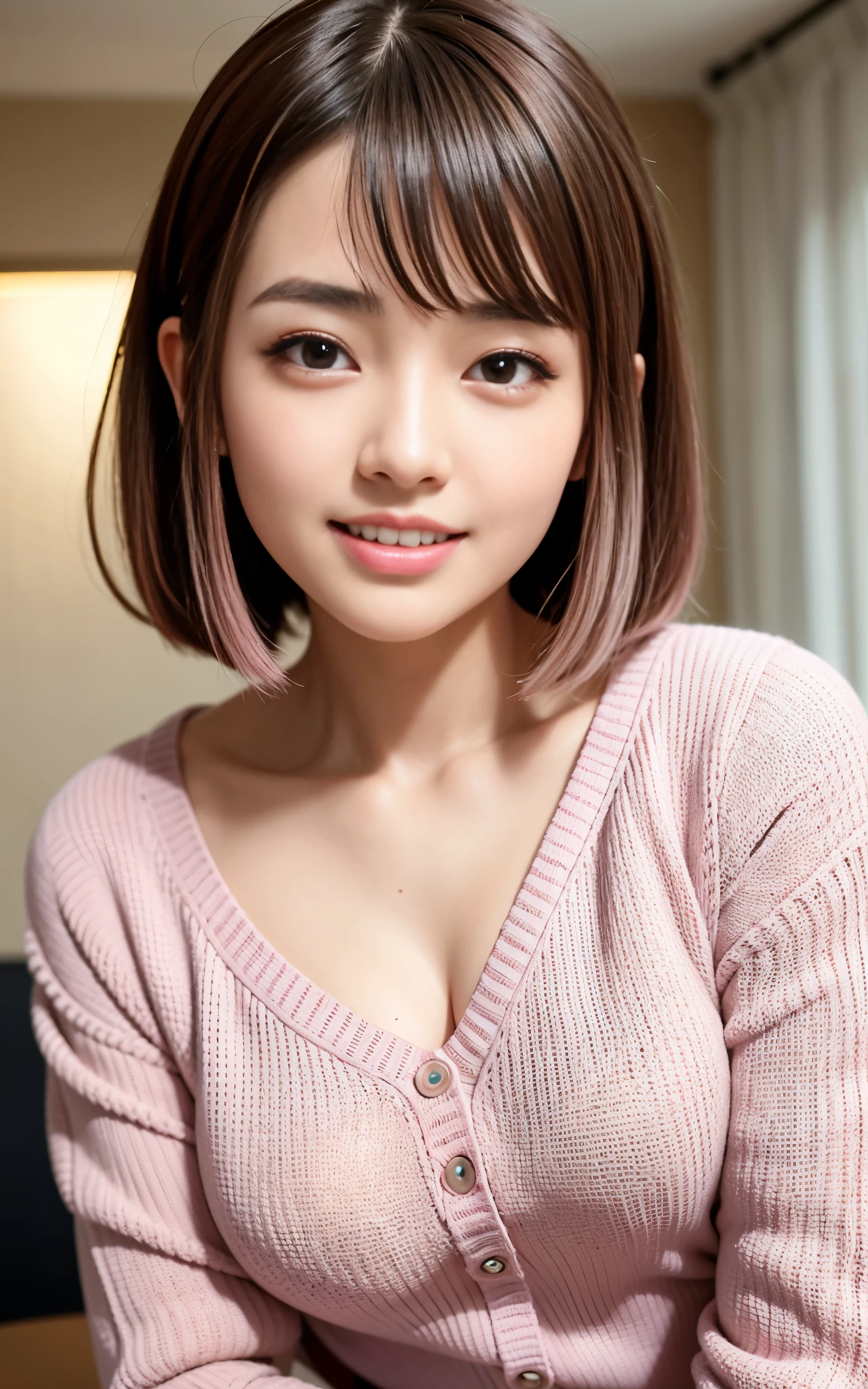 highest quality, figure, Ultra-detailed, finely, High resolution, 8K Wallpaper, 完璧なダイナミックな構figure, ((Sexy pose)), Beautiful Skin, (Big Eyes), 20 year old beautiful girl, Natural color lip, Mid chest, smile, Highly detailed face and skin texture, Detailed eyes, Double eyelid,leaking teeth and laughing, close-up, Brown bob hair, (Pink Sweater:1.2), indoor