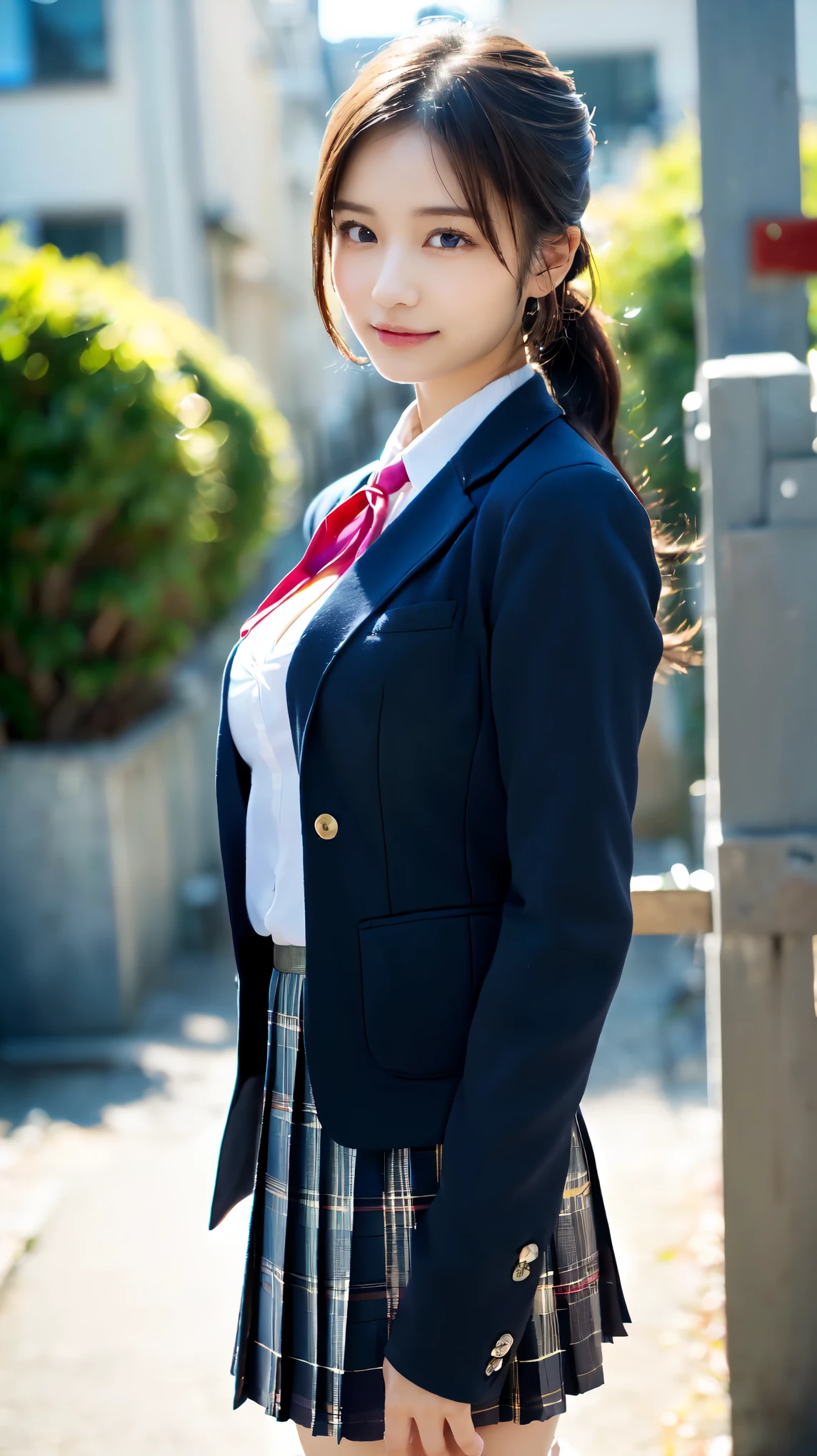 Tall Girl, cute, Cityscape, School classroom, Dark brown hair,Ponytail hairstyle, Beautiful well-groomed eyes、((double eyelid))、super cute girl, (((学born服、blazer、日本の女子高bornが着る長袖シャツ、Ribbon tie、Dark blue mini skirt,、Dark blue socks、Black Loafers))), (Clear Face), (Detailed facial depiction), (Detailed facial features)、(Detailed eyes)、Thin clavicle、((Slim and large))、(((日本の女子学bornはジャケットと長袖のシャツを着ている)))、((A proper idol))、((school gate、Schoolyard、With the school building in the background))、(Take photos from random perspectives)、(((cute like an idol)))、Earrings、Big smile、Drawing the whole body from the knees、Don&#39;t draw thin lines、(((日本の女子学bornが愛用するスポーツバッグ)))、(Big big breasts with big drooping:1.2)、Big toned buttocks、bare hands、(((Symmetrical eyes)))、Standing pose、Please do not remove the tie from the jacket、Lift your butt:1.5，born々Sex:1.5，Official Art，Highly detailed CG Unity 8k wallpaper, (masterpiece:1.0),(highest quality:1.0), photo shoot, 8k, Browsing Caution, High resolution, Kodak Portrait 400, Film Grain, Lens flare brilliance,View your viewers