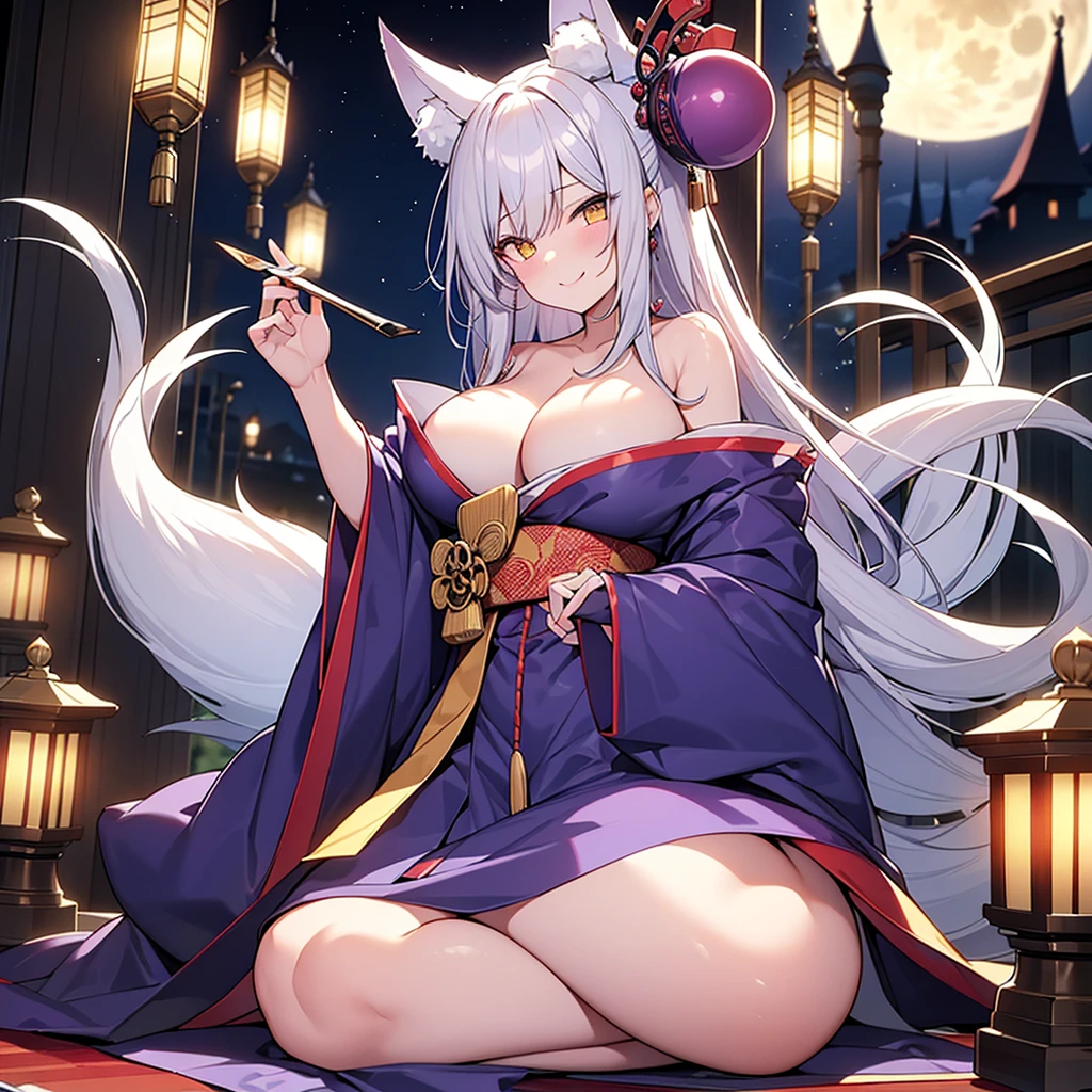 highest quality、masterpiece、4K、Gray Hair、bangs、長いGray Hair、Slanted Eyes、Purple lipstick、Glowing yellow eyes、Pale skin、nine tailed fox、nine white fox tails、Purple Oiran、topless、Big white fox ears、Large Breasts、Cleavage、Ruthless smile、Blue Flame、指先からBlue Flame、Full moon night、Full Body、High resolution