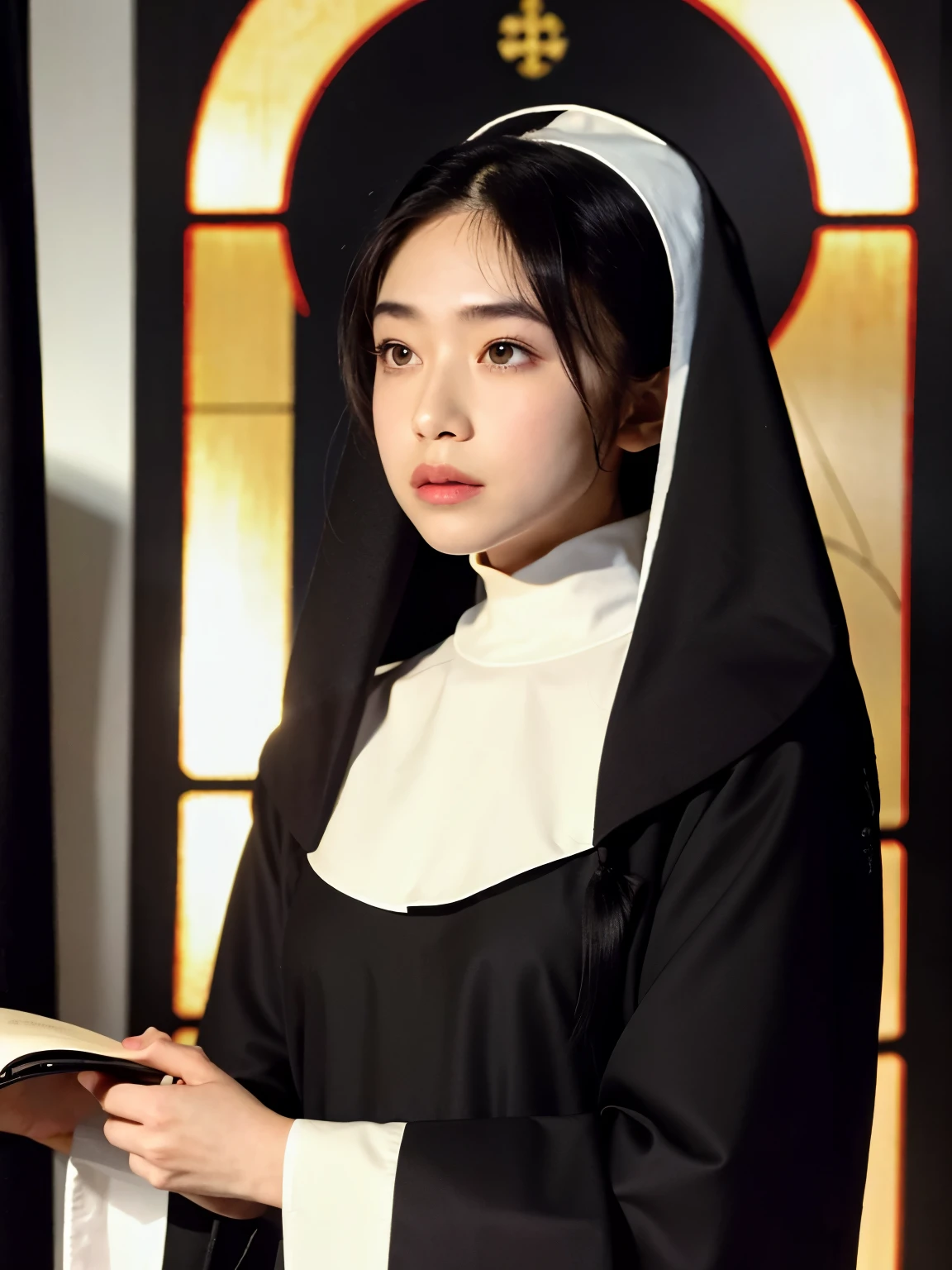 (Ogawa Noriko), (highest quality, Very detailed, masterpiece, In detail, High resolution, 8k wallpaper, highest quality, High resolution), Beautiful face in every detail, long sleeves, nun, habit, nun, habit, dress, black dress, long dress, catholic;, church, Stained glass,