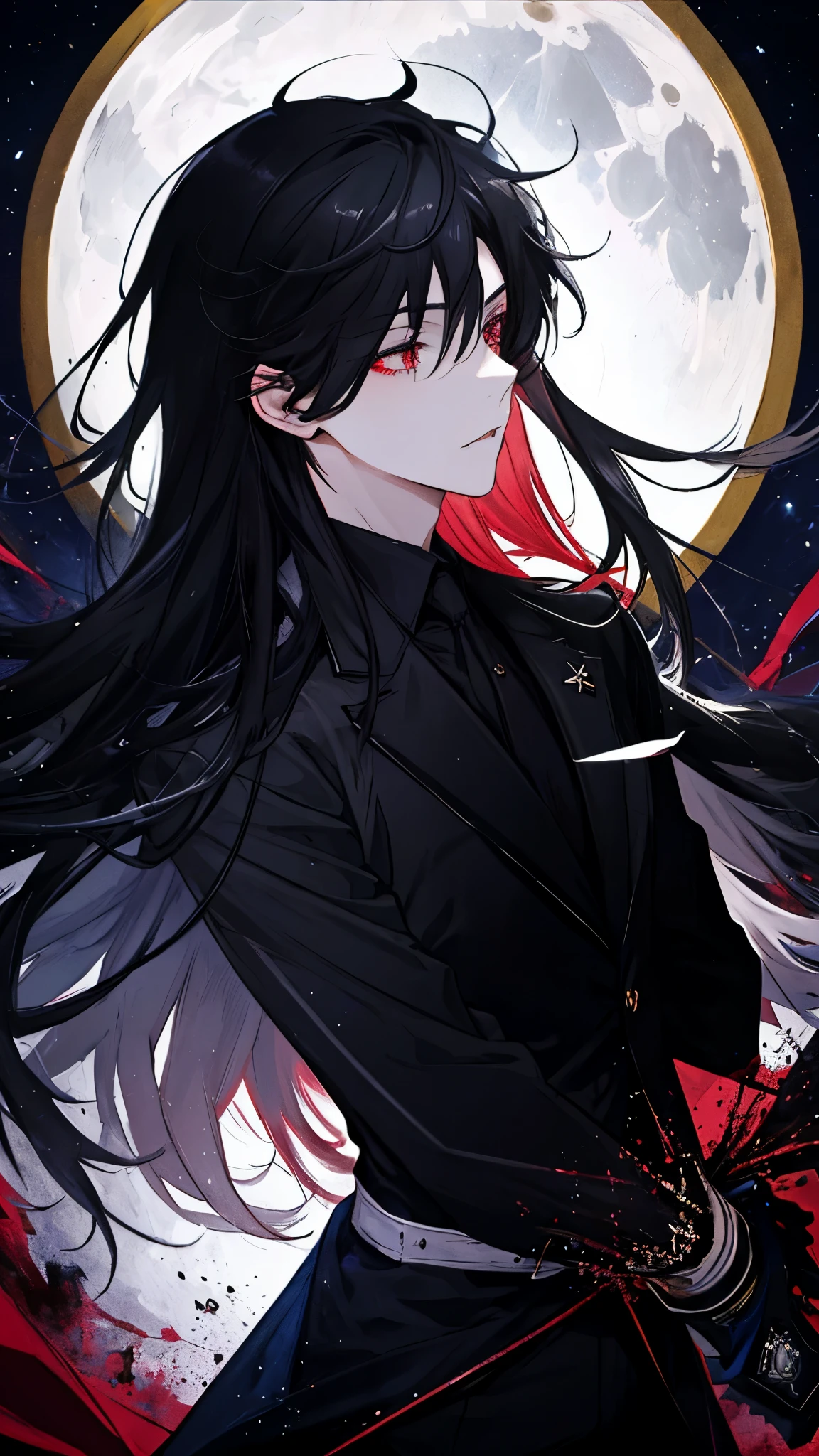 (best quality), masterpiece,Ultra Detailed,1man，Masculinity，a black-haired，Long hair，Red Eyes，Gorgeous dark atmosphere, Wear a black suit，Late Night, moon