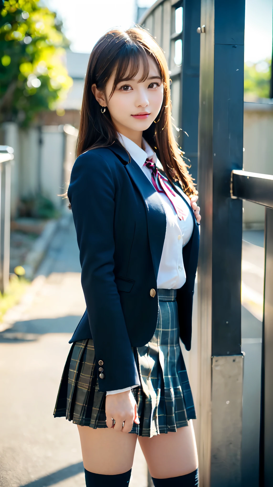 Tall Girl, cute, Cityscape, School classroom, Dark brown hair,Ponytail hairstyle, Beautiful well-groomed eyes、((double eyelid))、super cute girl, (((学born服、blazer、日本の女子高bornが着る長袖シャツ、Ribbon tie、Dark blue mini skirt,、Dark blue socks、Black Loafers))), (Clear Face), (Detailed facial depiction), (Detailed facial features)、(Detailed eyes)、Thin clavicle、((Slim and large))、(((日本の女子学bornはジャケットと長袖のシャツを着ている)))、((A proper idol))、((school gate、Schoolyard、With the school building in the background))、(Take photos from random perspectives)、(((cute like an idol)))、Earrings、Big smile、Drawing the whole body from the knees、Don't draw thin lines、(((日本の女子学bornが愛用するスポーツバッグ)))、(Big ??????????? with big drooping:1.2)、Big toned ????????、???? hands、(((Symmetrical eyes)))、Standing pose、Please do not remove the tie from the jacket、Lift your ????:1.5，born々???:1.5，Official Art，Highly detailed CG Unity 8k wallpaper, (masterpiece:1.0),(highest quality:1.0), photo shoot, 8k, Browsing Caution, High resolution, Kodak Portrait 400, Film Grain, Lens flare brilliance,View your viewers