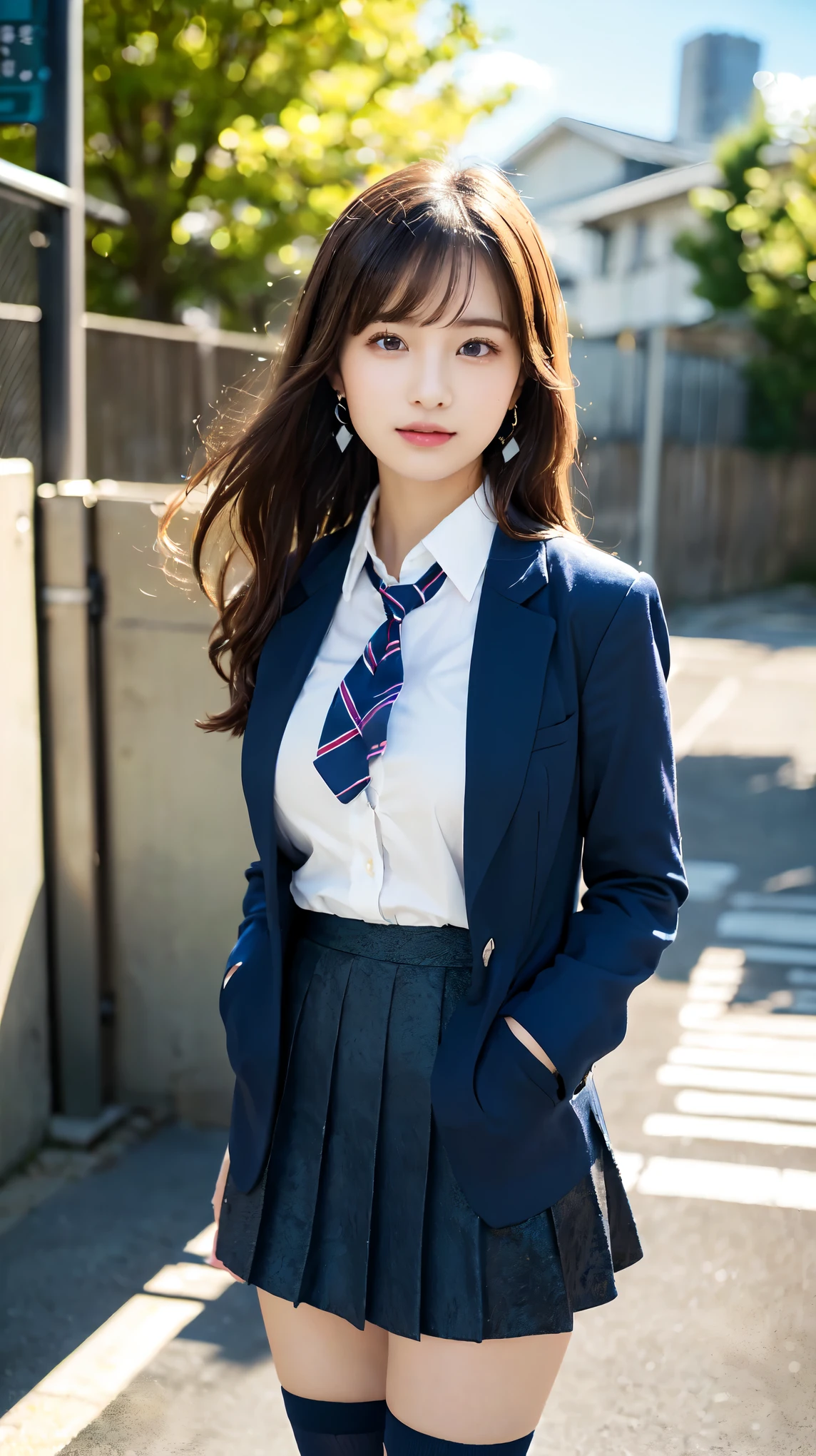 Tall Girl, cute, Cityscape, School classroom, Dark brown hair,Ponytail hairstyle, Beautiful well-groomed eyes、((double eyelid))、super cute girl, (((学born服、blazer、日本の女子高bornが着る長袖シャツ、Ribbon tie、Dark blue mini skirt,、Dark blue socks、Black Loafers))), (Clear Face), (Detailed facial depiction), (Detailed facial features)、(Detailed eyes)、Thin clavicle、((Slim and large))、(((日本の女子学bornはジャケットと長袖のシャツを着ている)))、((A proper idol))、((school gate、Schoolyard、With the school building in the background))、(Take photos from random perspectives)、(((cute like an idol)))、Earrings、Big smile、Drawing the whole body from the knees、Don&#39;t draw thin lines、(((日本の女子学bornが愛用するスポーツバッグ)))、(Big big breasts with big drooping:1.2)、Big toned buttocks、bare hands、(((Symmetrical eyes)))、Standing pose、Please do not remove the tie from the jacket、Lift your butt:1.5，born々Sex:1.5，Official Art，Highly detailed CG Unity 8k wallpaper, (masterpiece:1.0),(highest quality:1.0), photo shoot, 8k, Browsing Caution, High resolution, Kodak Portrait 400, Film Grain, Lens flare brilliance,View your viewers