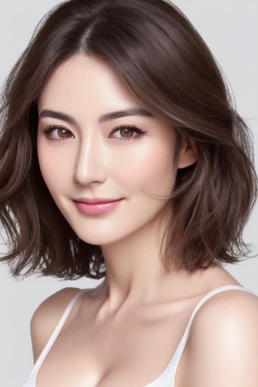 (highest quality, High resolution)))), Very detailed8K,A middle-aged Japanese woman with a glamorous body, around 50 years old, (Ultra HD, Very detailed, Very detailed, Very realistic, Ultra-Realistic Skin, Realistic photos), (1 girl:1.5), Strong wavy long hair with highlights, Bobcut, (Dynamic pose), An excited look、To the camera, A light smile, Purple eyes, (Nadium Chest: 1.2), (Beautiful and elaborate face, Fine and beautiful eyes), (Wearing a tight fitting white tank top、 Transparent material), Cleavage, , dripping sweat, )，Black Stockings、Loose skin、Heavy makeup、Inside the house、Brown eyes、Gloss lips