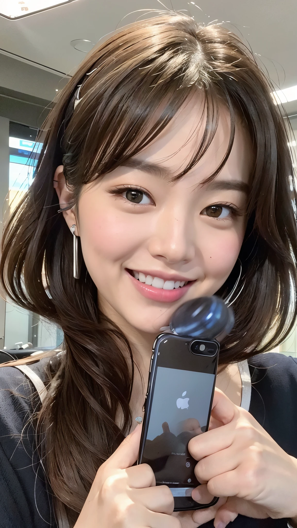 highest quality, masterpiece, Ultra-high resolution, (Realistic:1.4),((Narrow face:1.2)), (Close-up portrait) RAW Photos, 1 girl,20-year-old,((Inside the Shinkansen)),((Wireless Earphones)),((Staring at your smartphone screen)),,((Asian Fashion)),Messy Hair,((Dark chestnut hair)),((Bangs short)),Realistic,picture media chest)),((Smiling with teeth showing)),((Big smile))
