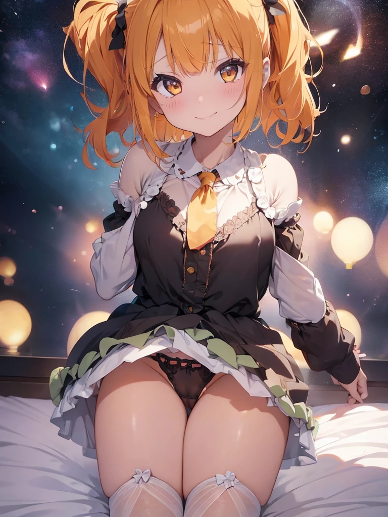 Girl、Curled hair、Cutting bangs、Yellow Eyes、Orange hair color、ta Fashion、Frills、ボリュームのあるFrillsのスカート、Lots of ribbons、Short、cute、smile、fairy tale western style room、skirt lift、garter belt、Off the shoulder、topless、(show off breast)、Show off your breasts、(Nipples)、Leg spread、Pussy、spread pussy、(nsfw)