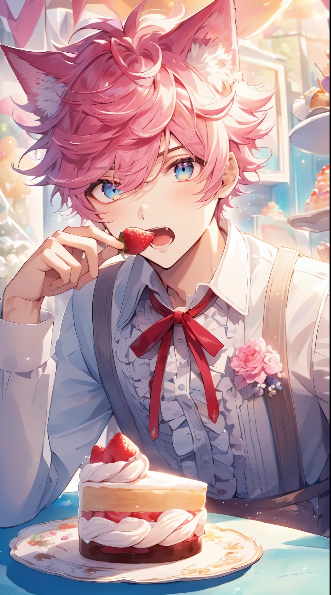 Anime illustration of a handsome young man with cat ears and vibrant pink hair, wearing an elaborately frilly white blouse. He is eagerly biting into a fluffy shortcake, surrounded by a whimsical cafe environment filled with colorful desserts and pastel decorations. The scene exudes a playful and fantastical atmosphere.