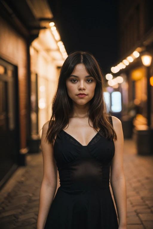 (1girl),jortega, (taking selfies, Overhead view: 1,4), (straight half of the torso: 1,4), Portrait photo of a 24-year-old blonde in RAW UHD format (Brown-eyed woman), straight hair,long and voluminous hair, Walk down the dark alley, natutal breasts_b, night city, ( black sundress), (low-cut), in detail (textures!, hairsh!, glistering, a color!!, imperfections: 1.1), highly detailed glossy eyes, (looking at viewer), specular lighting, DSLR camera, ultra quality, sharp-focus, sharpness, Depth of field, film grains, (centred), Fujifilm XT3, Crystal clear, small breastes, The center of the frame, pretty face, sharp-focus, street lamp, neon lights, bokeh, (dimly lit), Low key, in night, (night sky ) detailed skin pores, oiled skin, suntan, Complex eye details